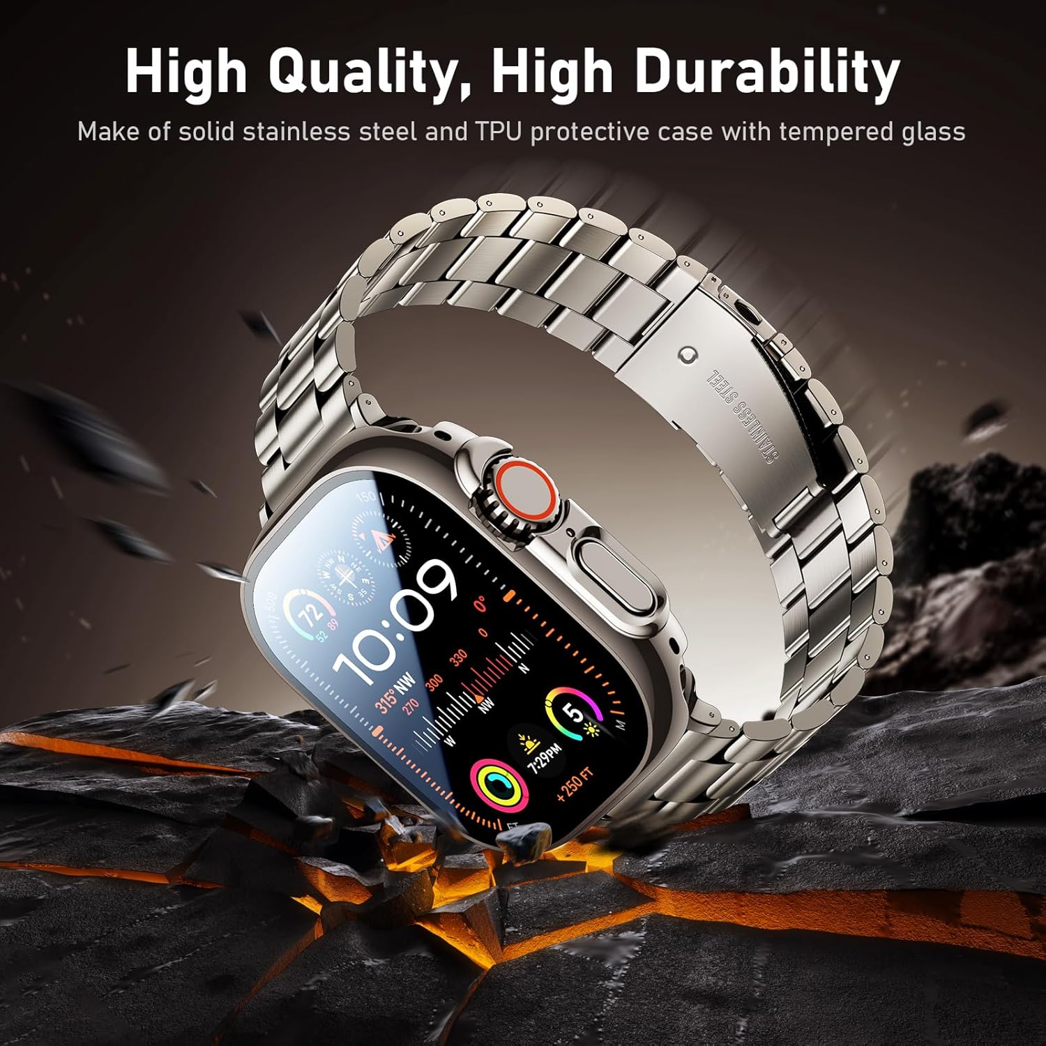 Bekomo Compatible with Apple Watch Band 49mm 46mm 44mm 45mm 42mm 40mm 38mm 41mm, Stainless Steel iWatch Bands with 2 Pack Tempered Glass Case for Series 11/10/9/Ultra 3 2/8/7/6/5/4/3/2/1/SE for Men