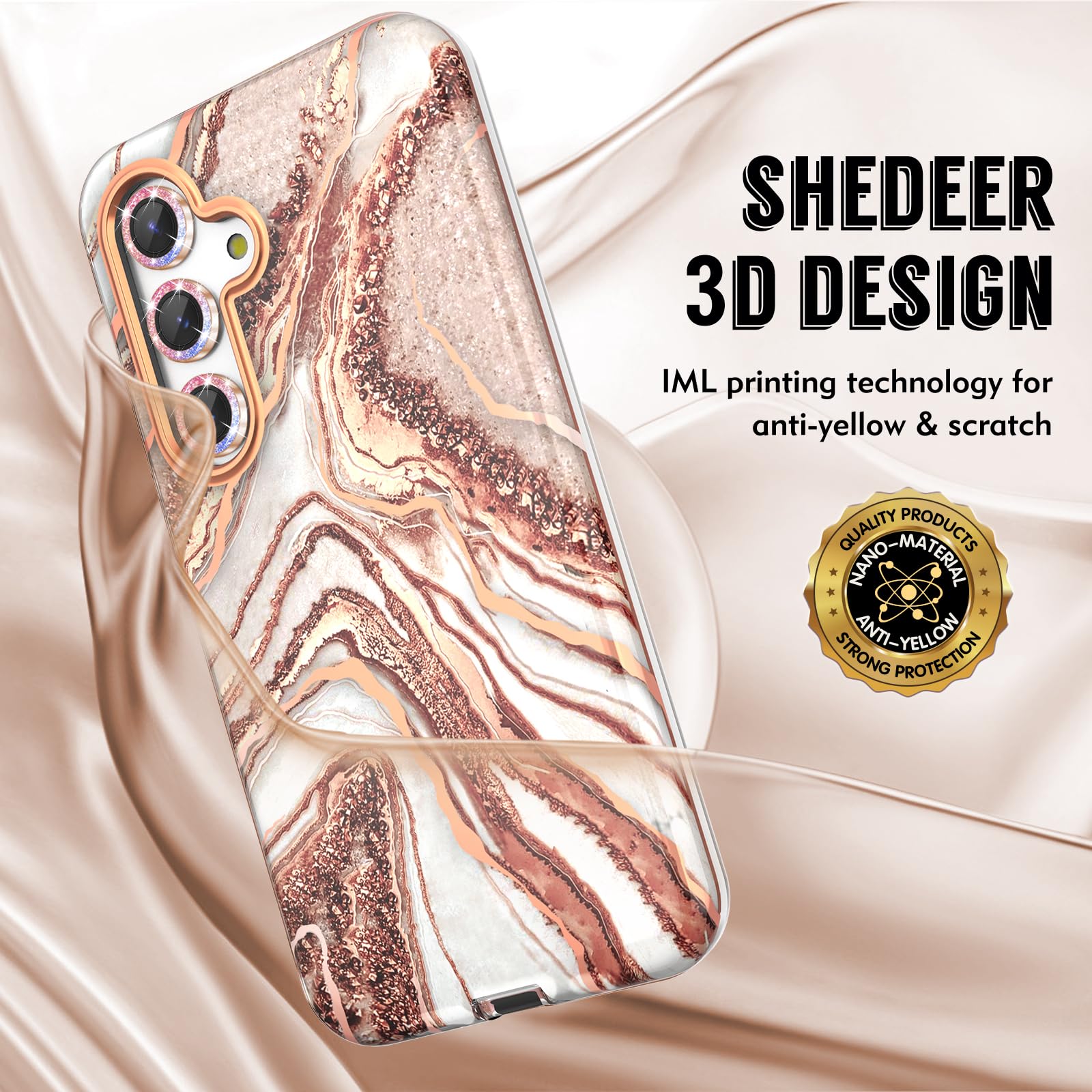 SHEDEER Cover per Samsung S24 Ultra con Slidable Protezione Fotocamera & Vetro Temperato, Cover per Galaxy S24 Ultra 360 Militare Protezione, Aesthetic, Brillante, Antiurto Antigraffio, Quicksand Vert