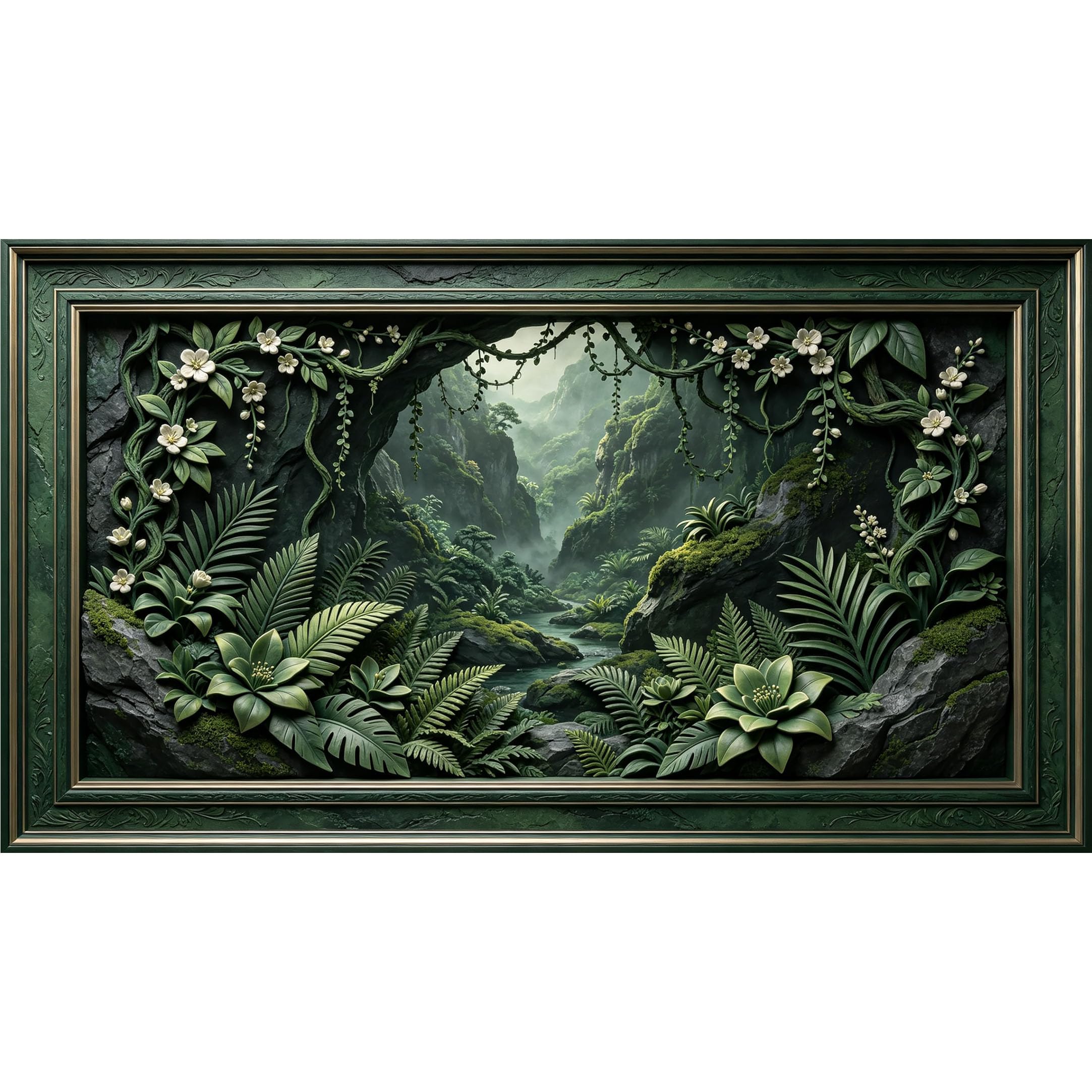 QZLITHOTIC 50×90cm3D Framed Wall Art， Tropical Rainforest Botanical River Landscape SelfAdhesive Mural， WaterActivated Peel & Stick Fabric Decor Wall Decal for Bedroom Living Room