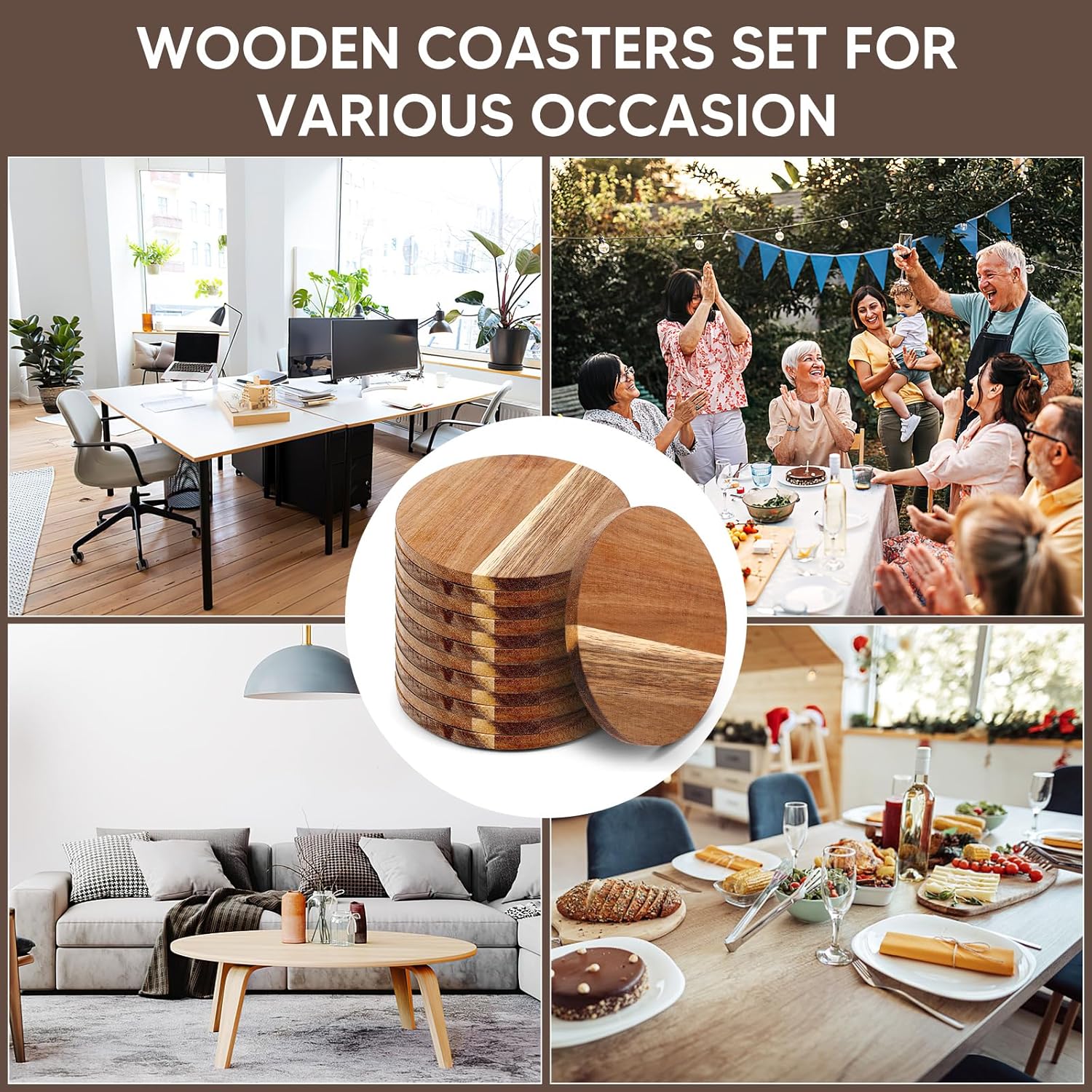 24PCS Wood Coasters Round Wooden Coaster for Drinks Coffee Table with Non-Slip Pad Acacia Cup Coaster for Coffee Home Kitchen 4 Inch Round - Image 7