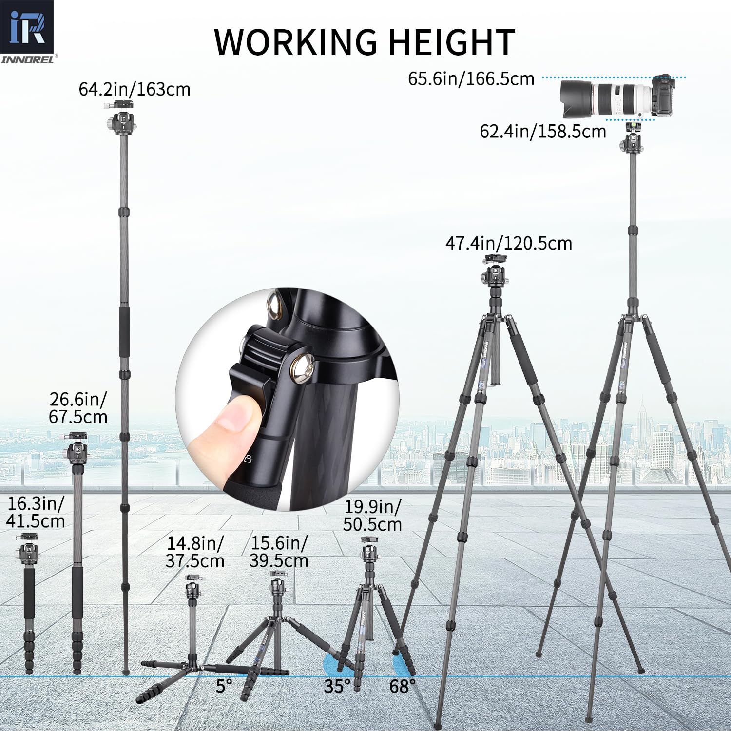 INNOREL 157.5 cm 10 warstw monopod statywu do aparatu z włókna węglowego z 360-stopniową głowicą kulową o niskiej grawitacji, dwie płytki do szybkich butów 1/10.2 cm, torba do przenoszenia lustrzanki
