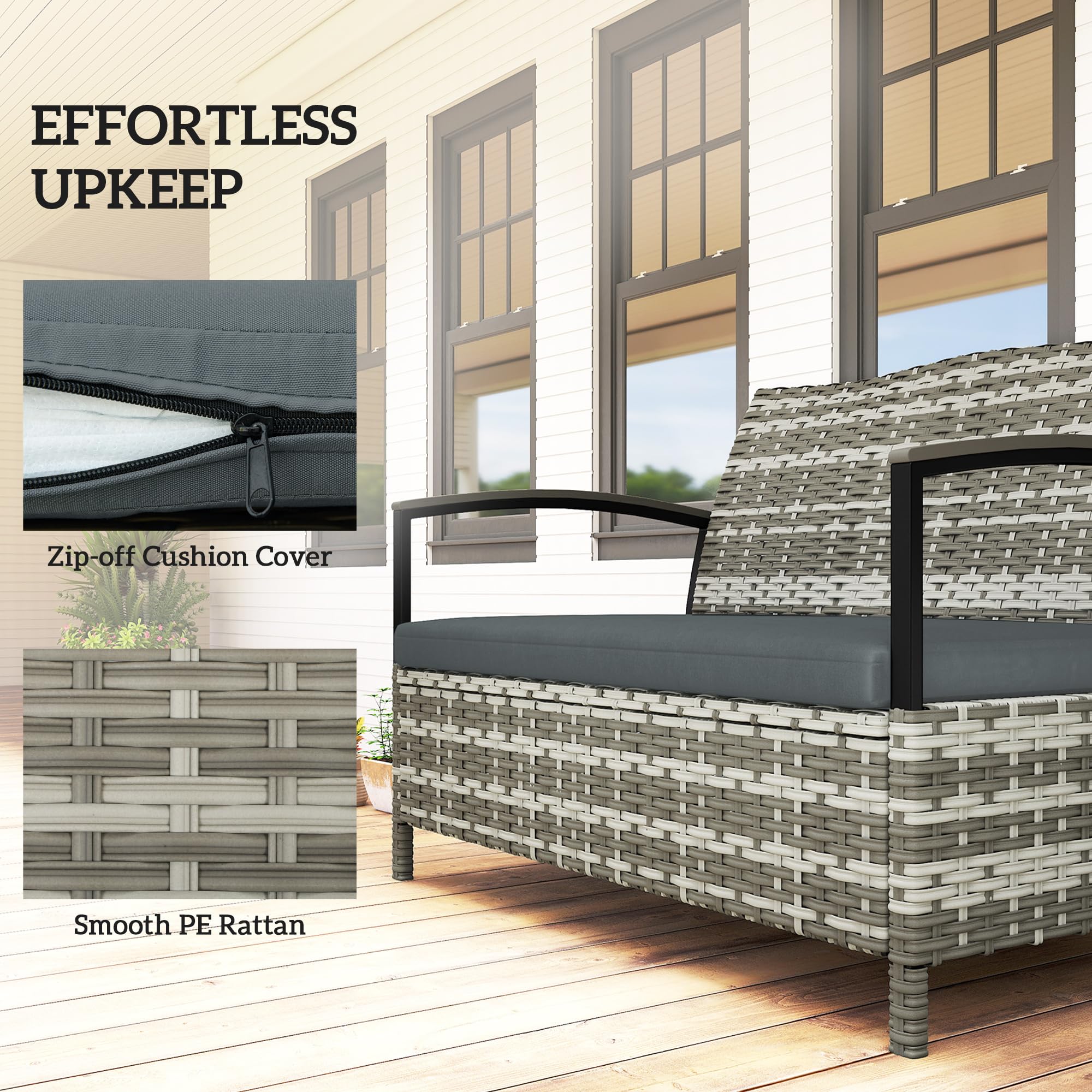 Outsunny 125L Banc Jardin Rangement 2P Rotin PE Cadre Métal Gris Foncé
