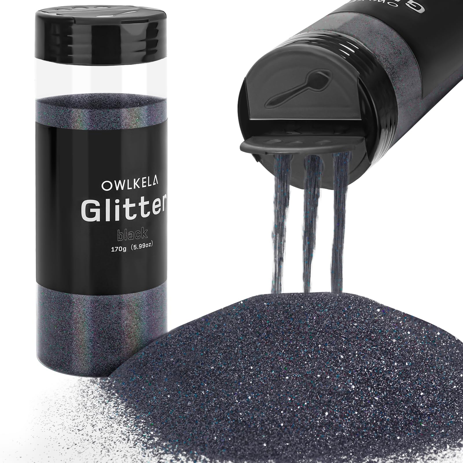 OWLKELA 170g/5.99oz Fine Glitter, Black Glitter Powder for Sesin, Art & Craft, Nail, Hair, Face, Body, Slime, Festival Cosmetic Powder for Painting, Candle/Soap Making, Waxing