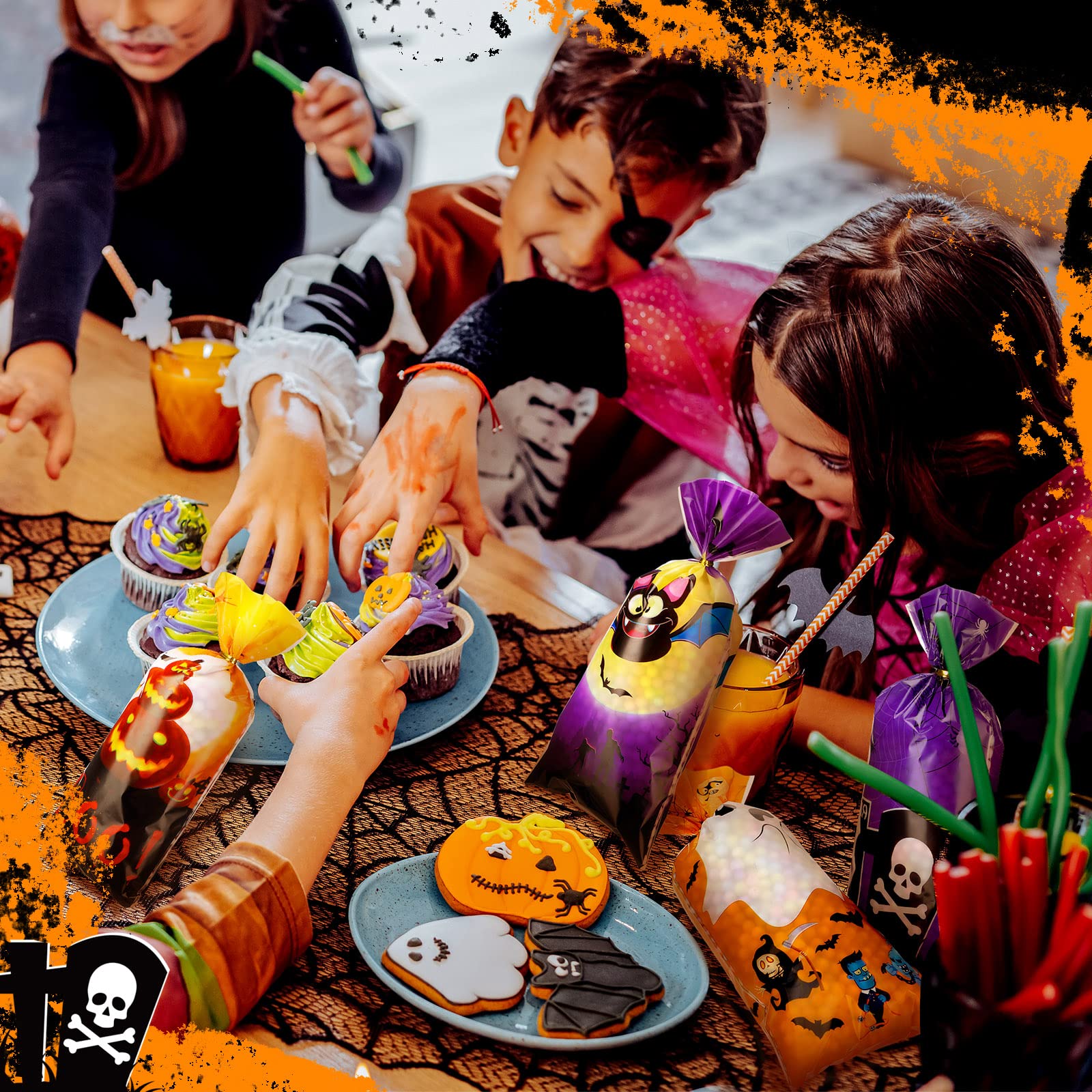 Hotop Halloween Cellophane Bags - 120pcs Trick Or Treat Goodie Bags With 150 Gold Twist Ties