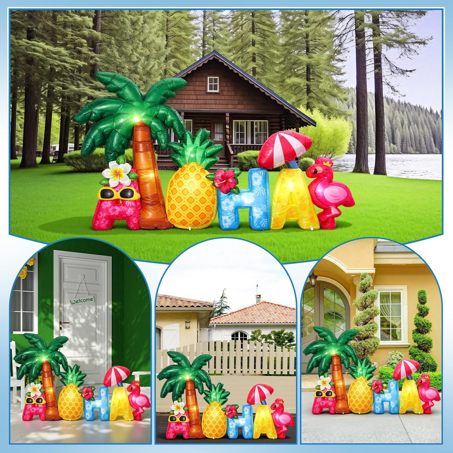 Halloscume 6 ft Hawaii Inflatable Outdoor Decorations Aloha Word Flower Coconut Trees Pineapple Inflatable Decor Built in LED Lights for Spring Summer Yard Lawn Supplies