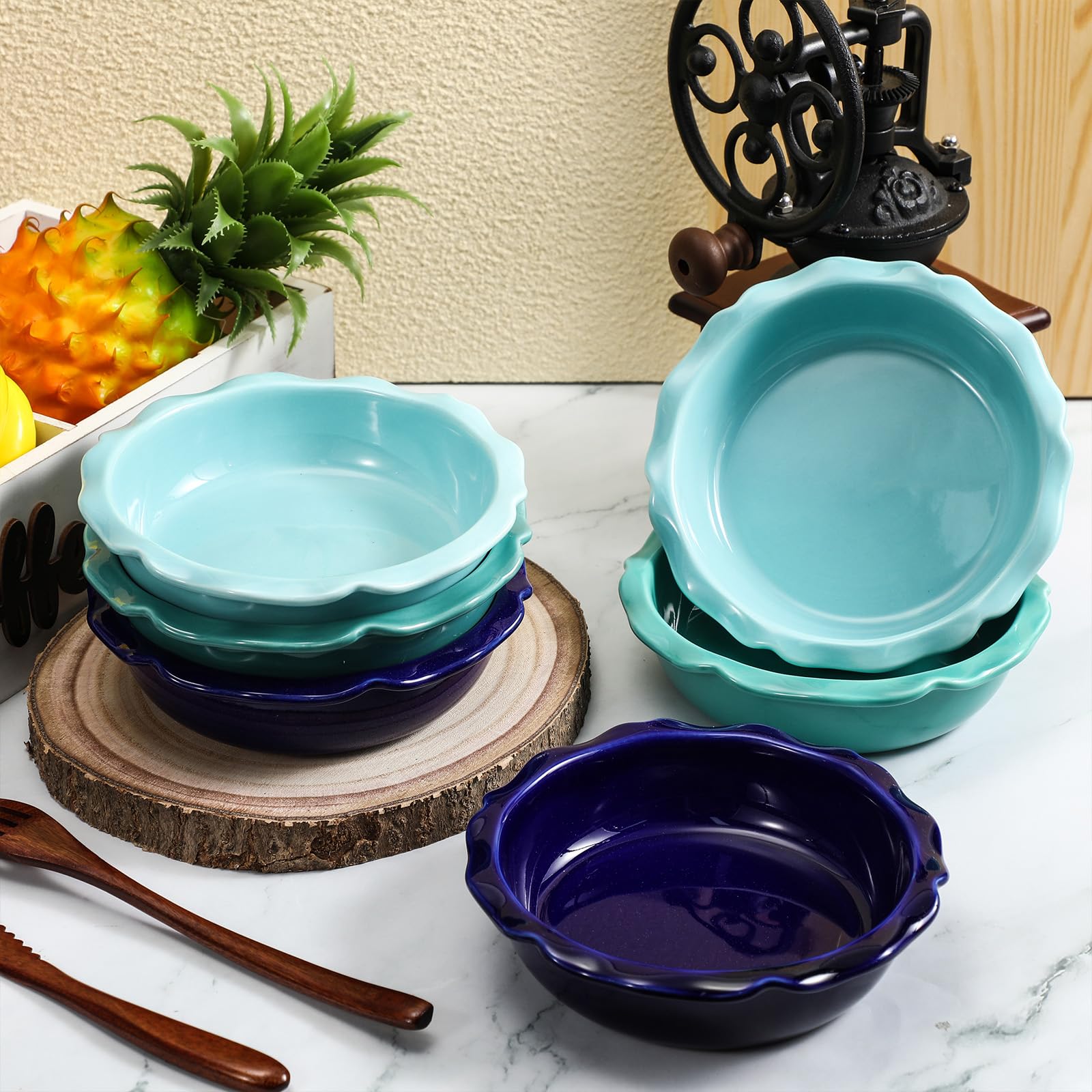 (Incomplete!!! Only 5 Pieces) Small Ceramic Pie Pan Set of 9, Mini Pie Pans for Baking, Small Plates with Corrugated Edge, Easy to Clean, Dishwasher & Microwave & Oven Safe, 6.5 Inch, 12 Ounce