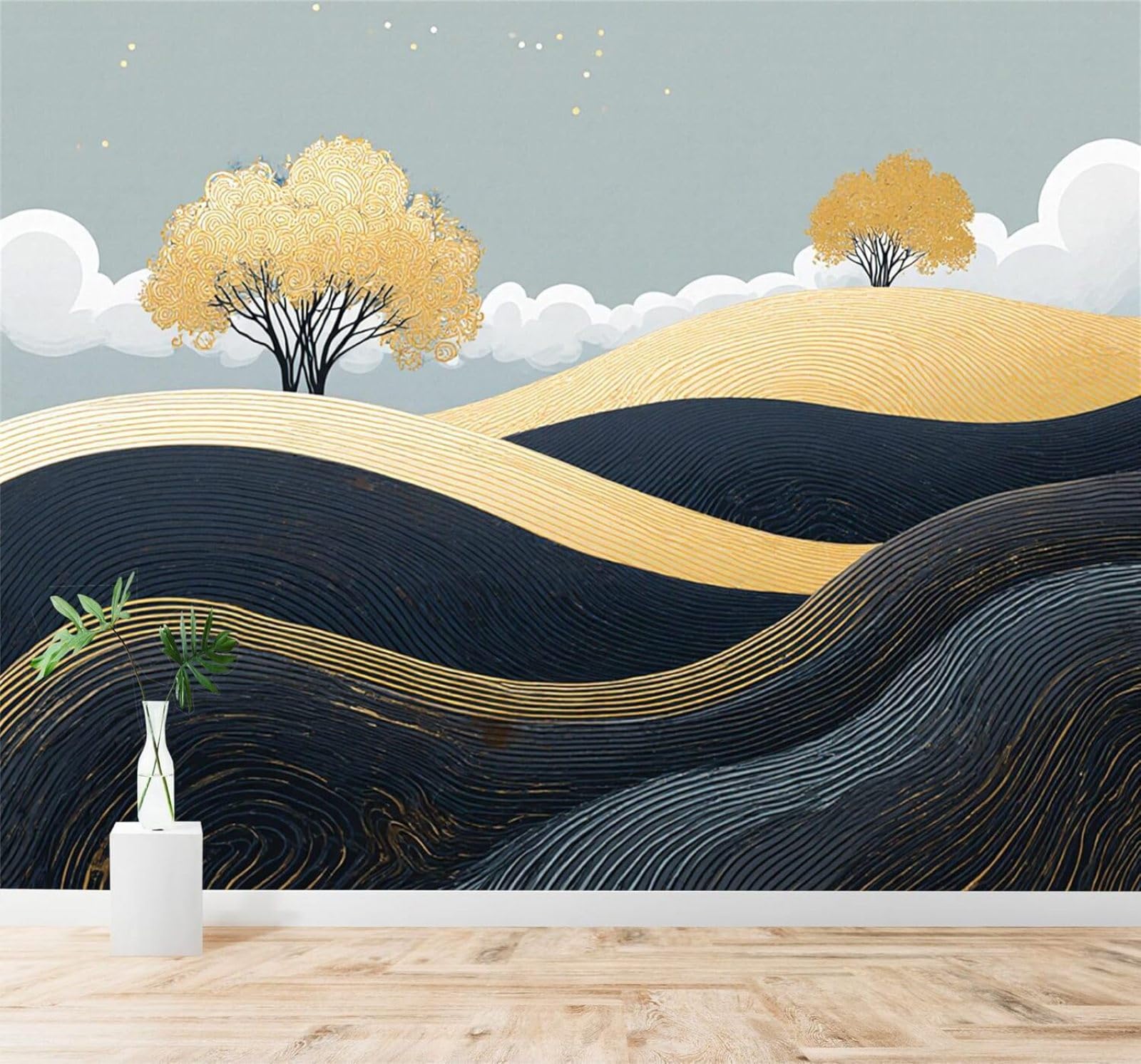 3D Papel Pintado Árboles Nubes Abstracto Colinas Doradas Paisaje