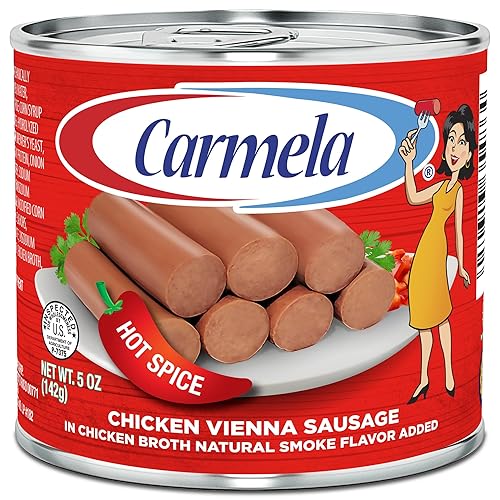 Miniatura 5 de Carmela Paquete variado de salchichas de pollo Vienna - 12 latas (seis originales + seis especias picantes) - Salchicha enlatada lista para comer en