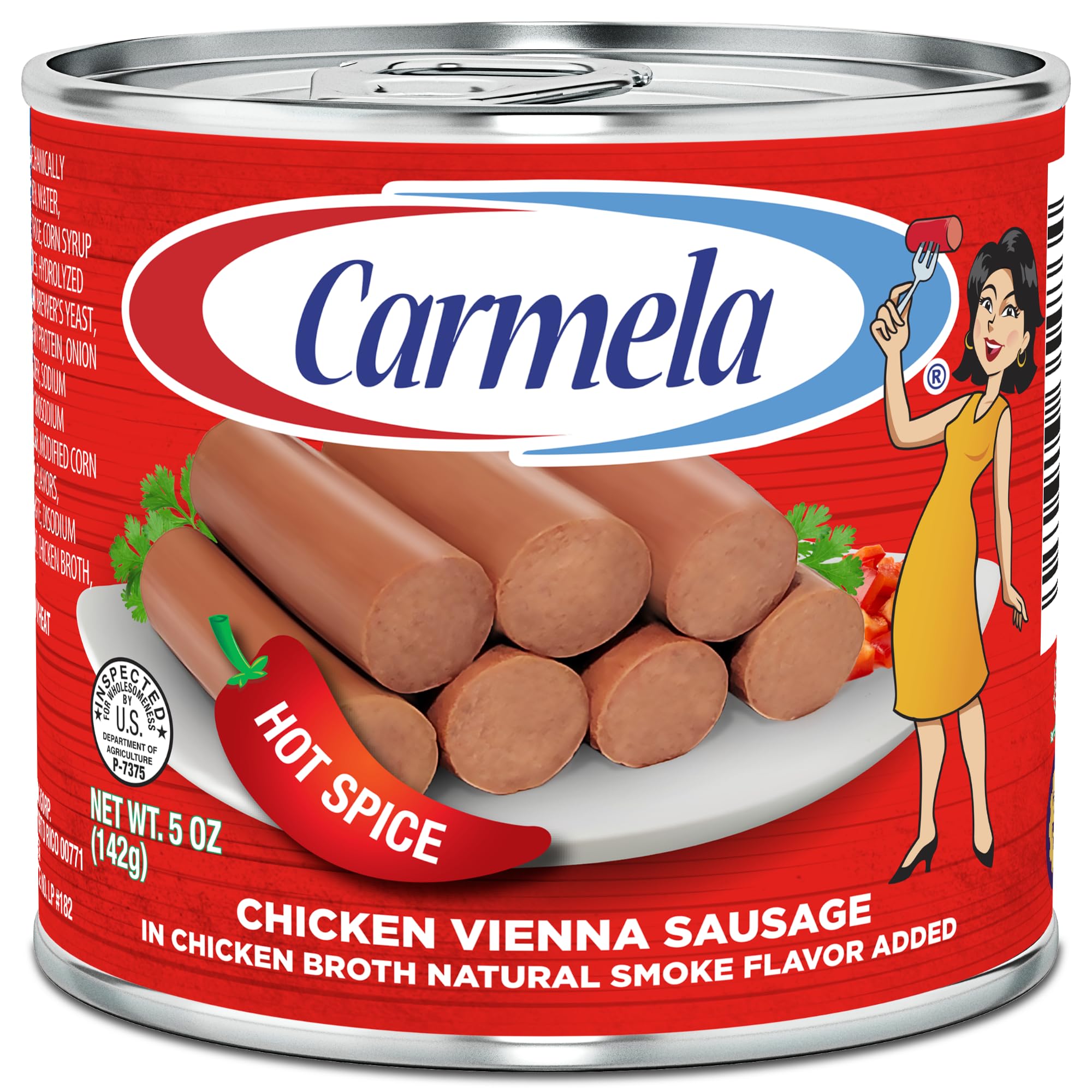 Carmela Hot Chicken Vienna Sausage & Bouillon – Puerto Rican Style Spicy Chicken Sausage in Broth with Natural Smoke Flavor – Ready to Eat, 5 oz Can (Pack of 6)