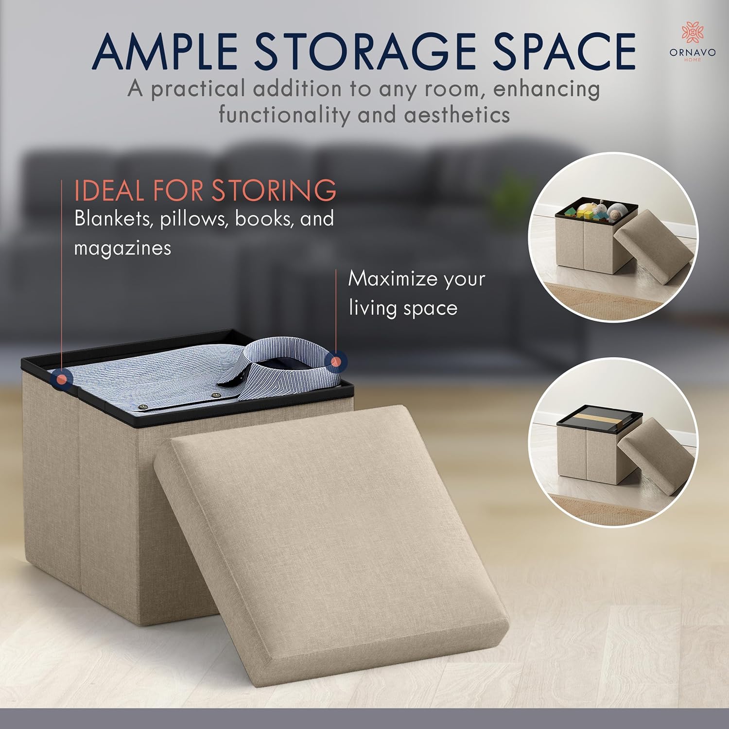 Ornavo Home Small Storage Ottoman Foldable Collapsible Cube Square Linen Ottoman Foot Rest Stool Seat, for Living Room, Bedroom, Home Office, Dorm - 12 x 12 x 12, Taupe - Image 3