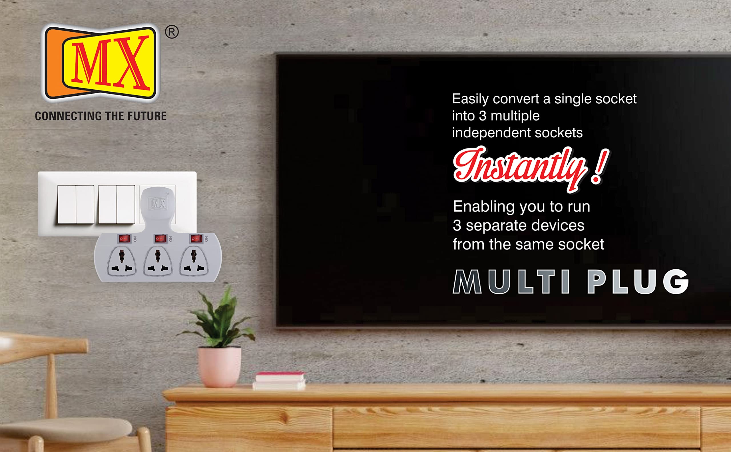 MX 3 Pin Multi Plug Socket with Individual Switch Cordless Extension Board 3 Way Plug Socket Extension Power Strip Wall Adapter for Home Office Kitchen 4