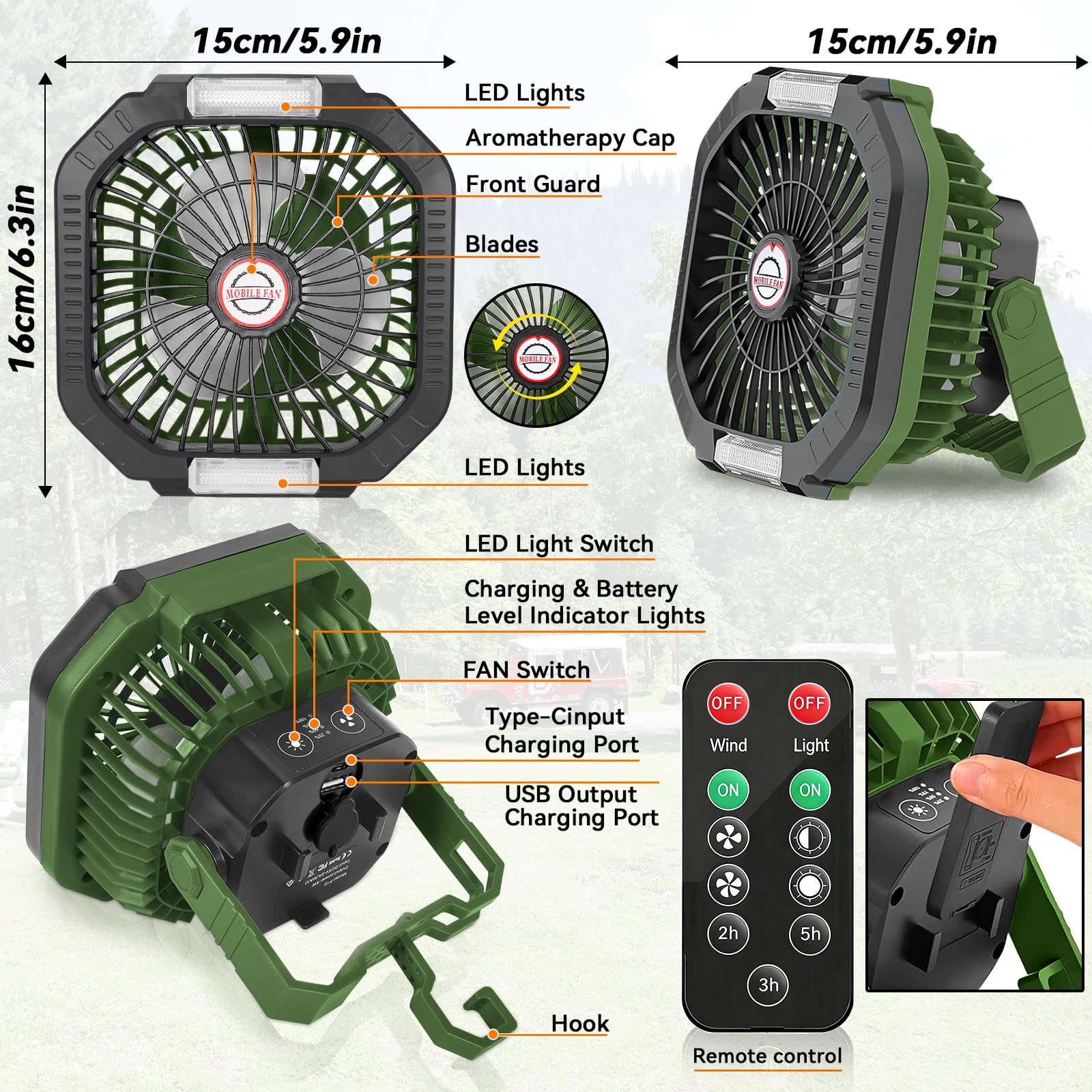 Ventilatore da Campeggio 7800mAh Portatile Ricaricabile con Luce LED 4 Velocità Telecomando