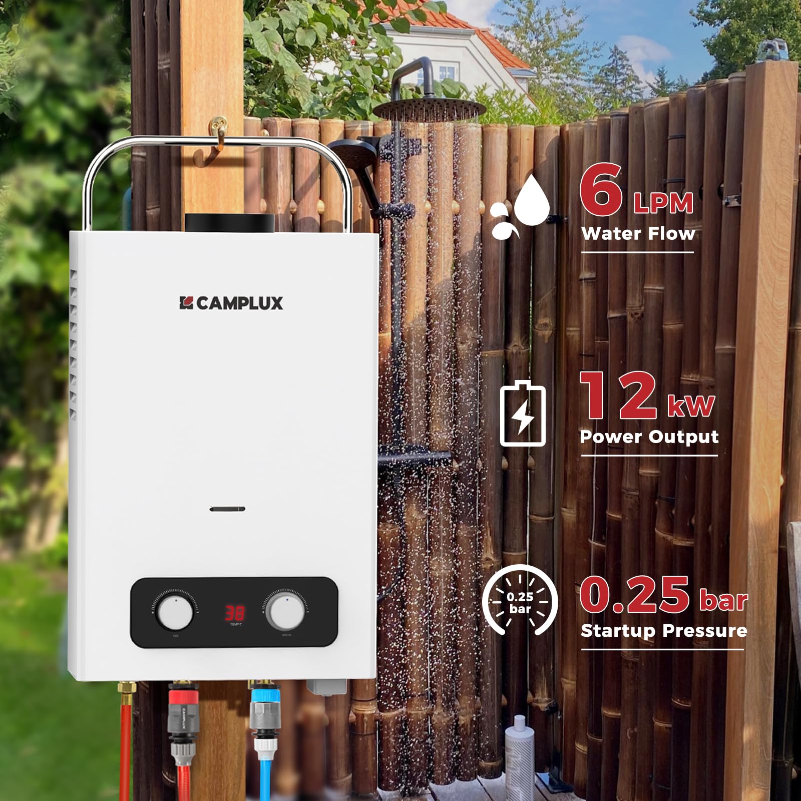 Gazowy podgrzewacz wody 6 Litrów, CAMPLUX BD158 Przepływowy podgrzewacz wody LPG z uchwytem, do prysznica kempingowego/kampera/konia myjącego, 30/37 mbar