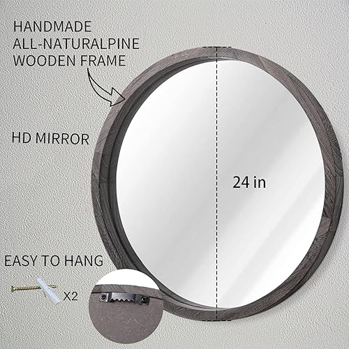 Miniatura 143 de JJUUYOU Espejo circular de pared redondo para baño, espejo de tocador marrón rústico, pequeño círculo decorativo para pared, marco de madera, espejo