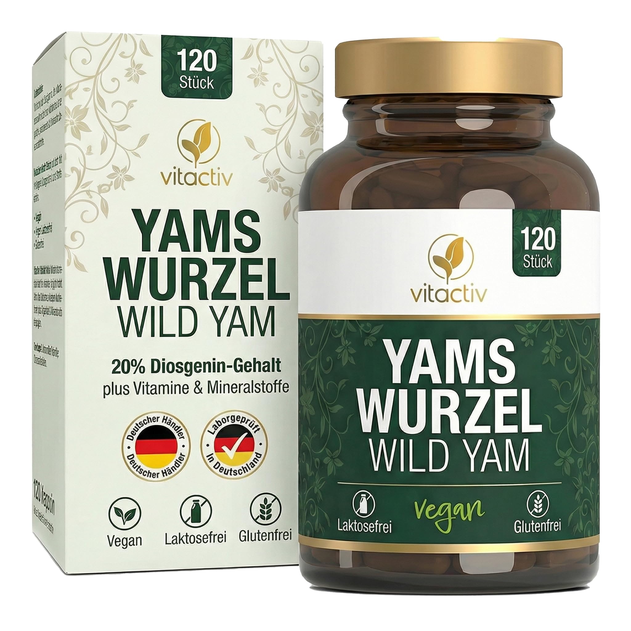 VITACTIV Yams Wurzel, Wild Yam - 120 Kapseln (2 Monatspack) - 880mg Yamswurzel-Extrakt pro Tagedosis, 20% bzw. 176mg Diosgenin - Für körpereigenen DHEA-Spiegel, bei Menopause (Wechseljahren)
