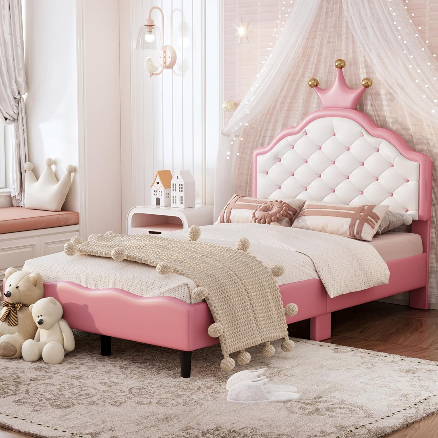 LUMISOL Twin Size Bed Frame for Kids, Upholstered Princess Bed Frame with Crown Headboard, PU Leather Platform Bed for Girls, No Box Spring Needed, Easy Assembly, Pink