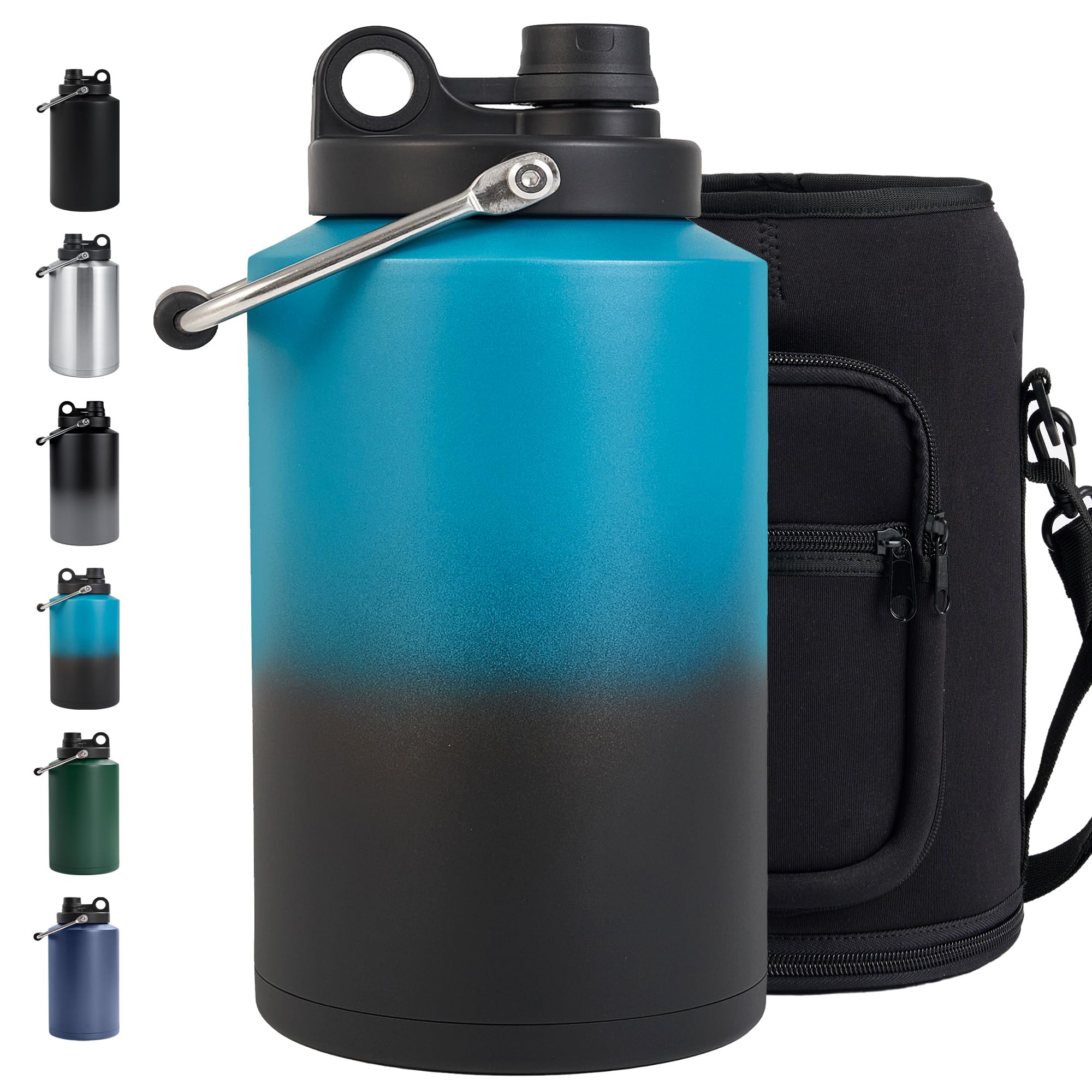 Insulated Gallon Jug with Handle, One Gallon, 128oz Stainless Steel, Large Double Vacuum Water Bottle for Cold Drinks, Wide Mouth, Sweat Proof, Carrier bag, Great for Travel, Camping, Blue Gradient