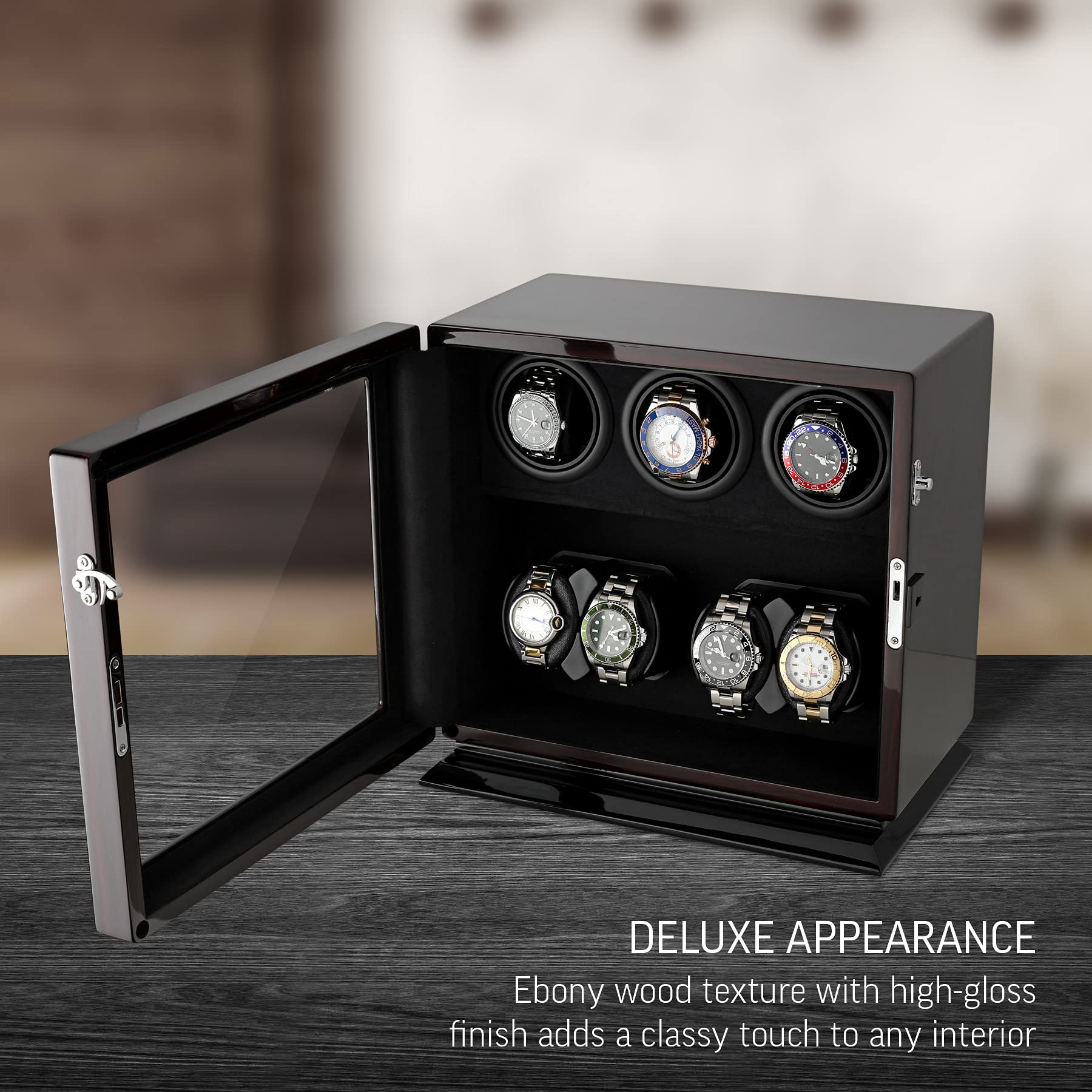 Remontoir pour 7 montres avec éclairage intérieur et option d'arrêt moteur, ébène, Remontoir de montre
