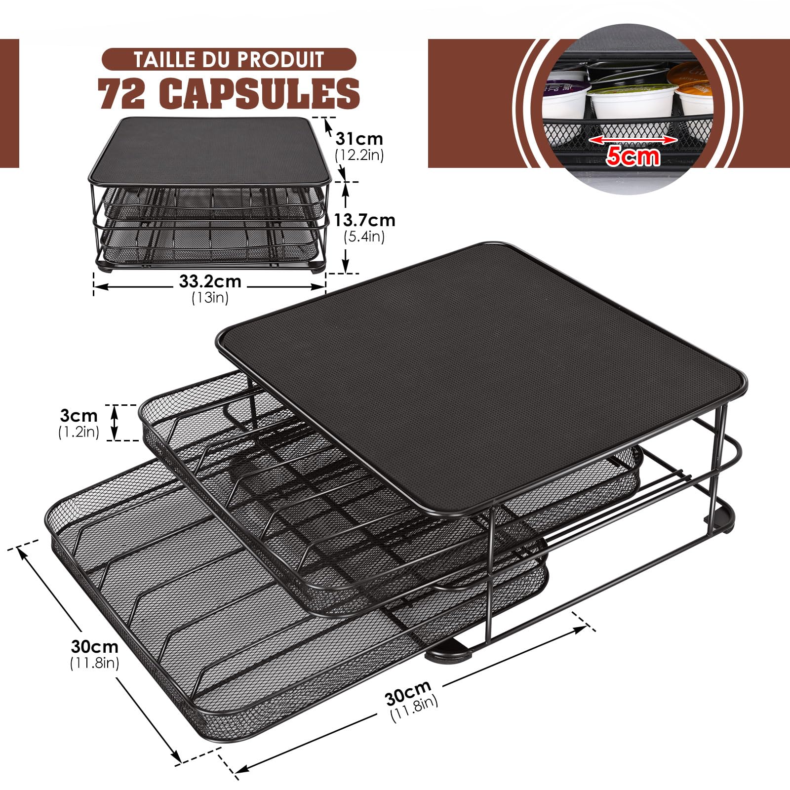 HEVOL Porte Capsules 72 PCs, Tiroir à Capsules avec Support de Machine à Café, Surface Anti-Vibration, Support Porte Dosette, Capsules de Grande Capacité pour Maison, Bureau