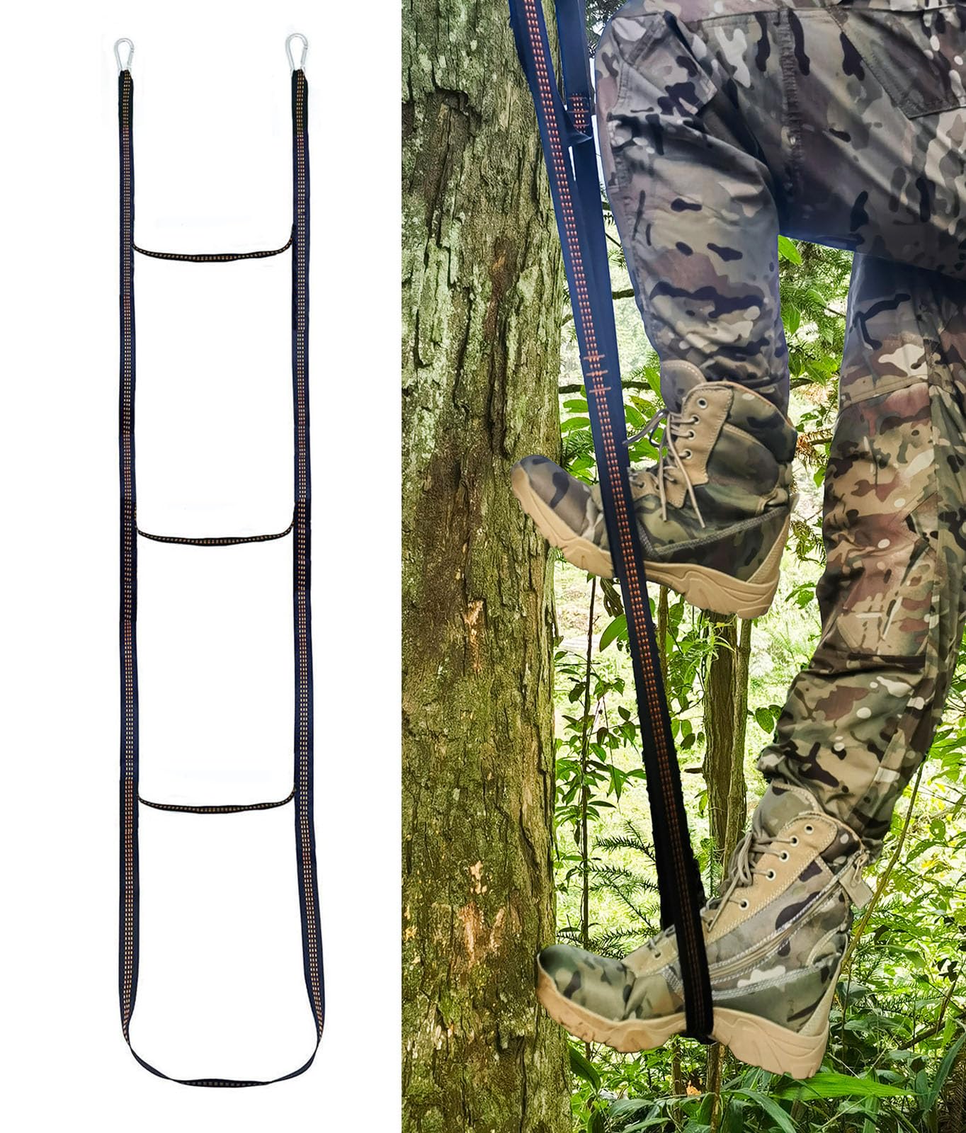 3-Step Climbing Stick Aider with 2*Durable Carabiners, Tree Stand Steps, Bright-Orange Webbing Hunting Ladders, Easy-to-use Lightweight Rope Aider for Hunting Safety, Outdoor Climbing