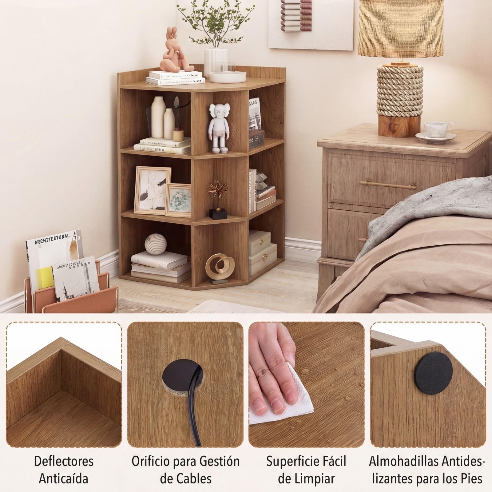 COSTWAY Armario Esquinero con Estación de Carga, Mueble Esquinero de 3 Niveles, 9 Cubículos, Mueble Esquina Dormitorio Salon Cocina, 51 x 71,5 x 86 cm (Natural)