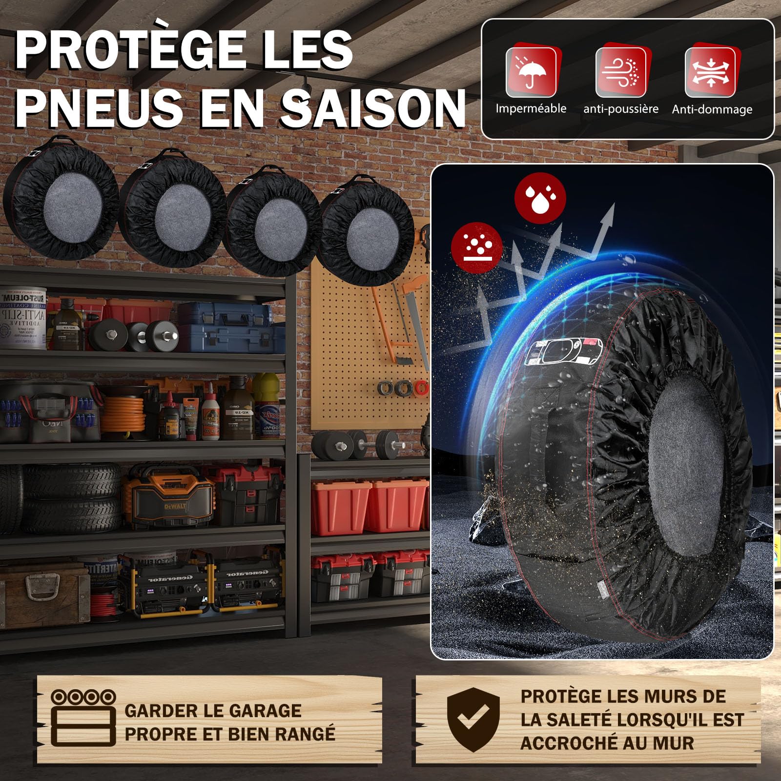 moveland Housses de Pneus 18-22 Pouces - Lot de 4 résistantes aux déchirures - Housses de Protection de Roue avec 4 tampons en Feutre - Etanches, Anti-poussière, Protéger et Transporter