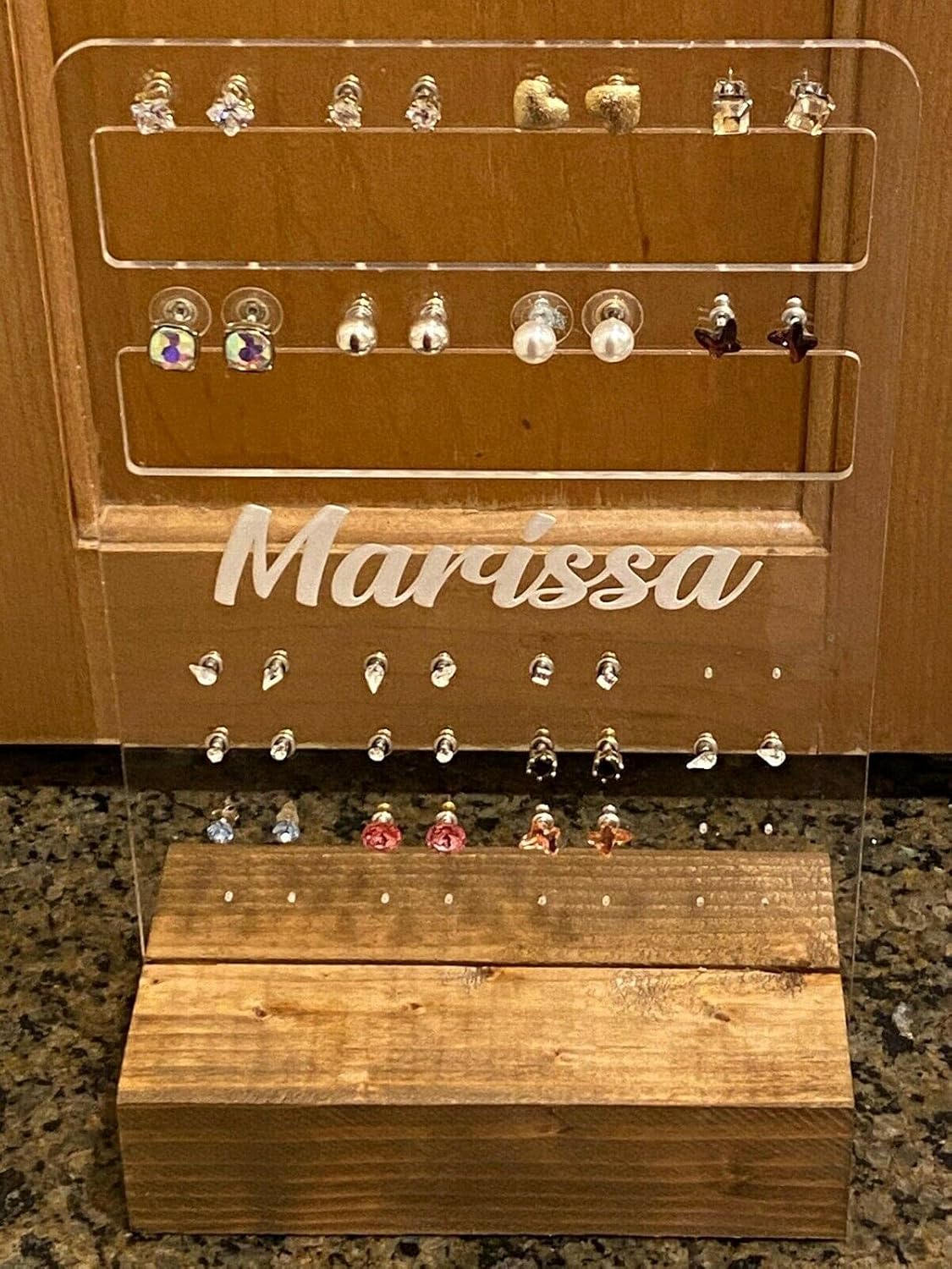 Trendy Girls Jewelry Earring Necklace Organizer Stand Personalized Free Engraved Name Custom Gift With Sturdy Hand Stained Wood Holds Earrings Necklaces Anklets Watches Bracelets - It's Pretty and Practical