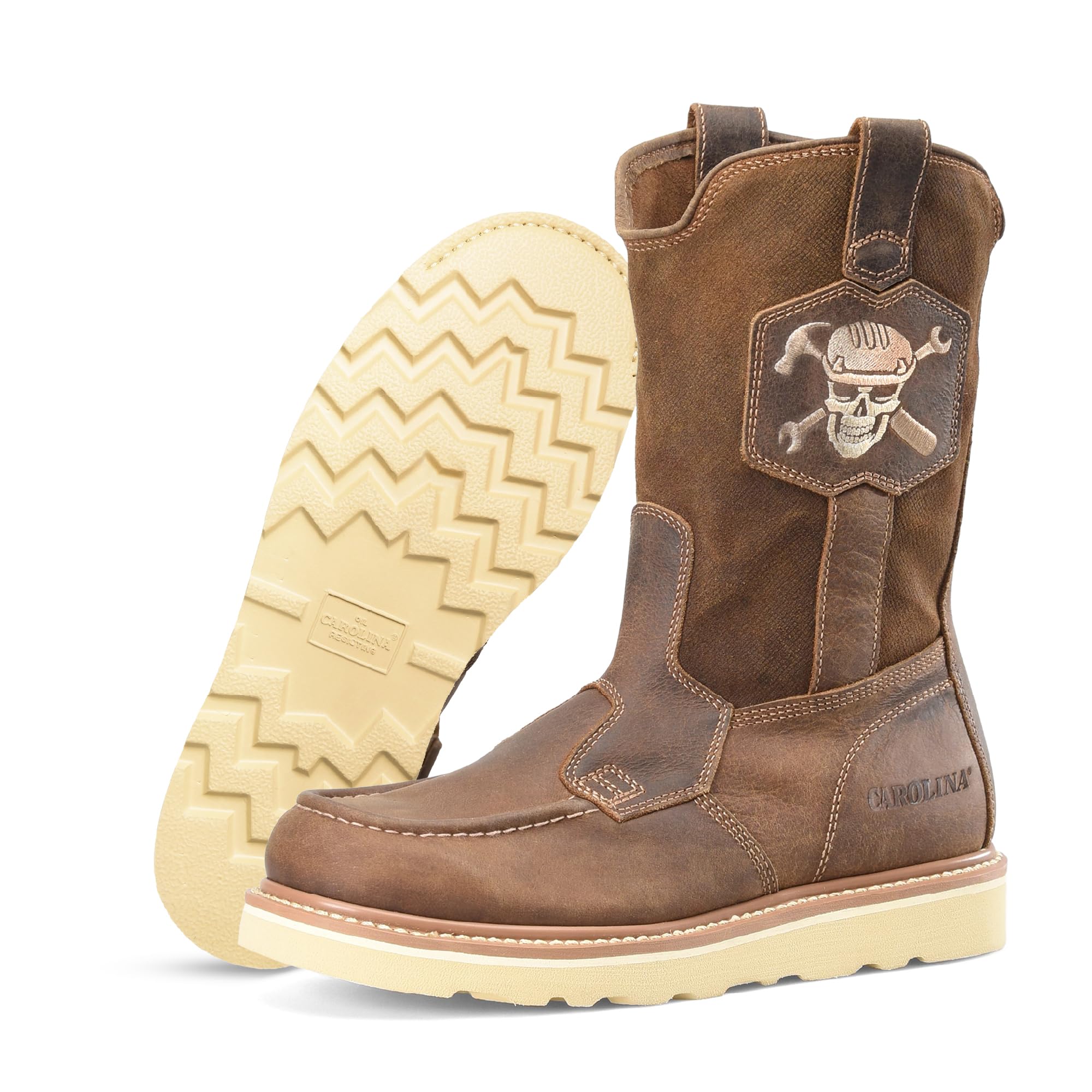 Carolina Men's Pull-On Work Boots - Oil & Slip-Resisting Outsole Work Boots for Men - Non-Metallic Shank Flatiron Wellington - Welt Construction with Non-Metallic Shank - Moccasin-Style Toe