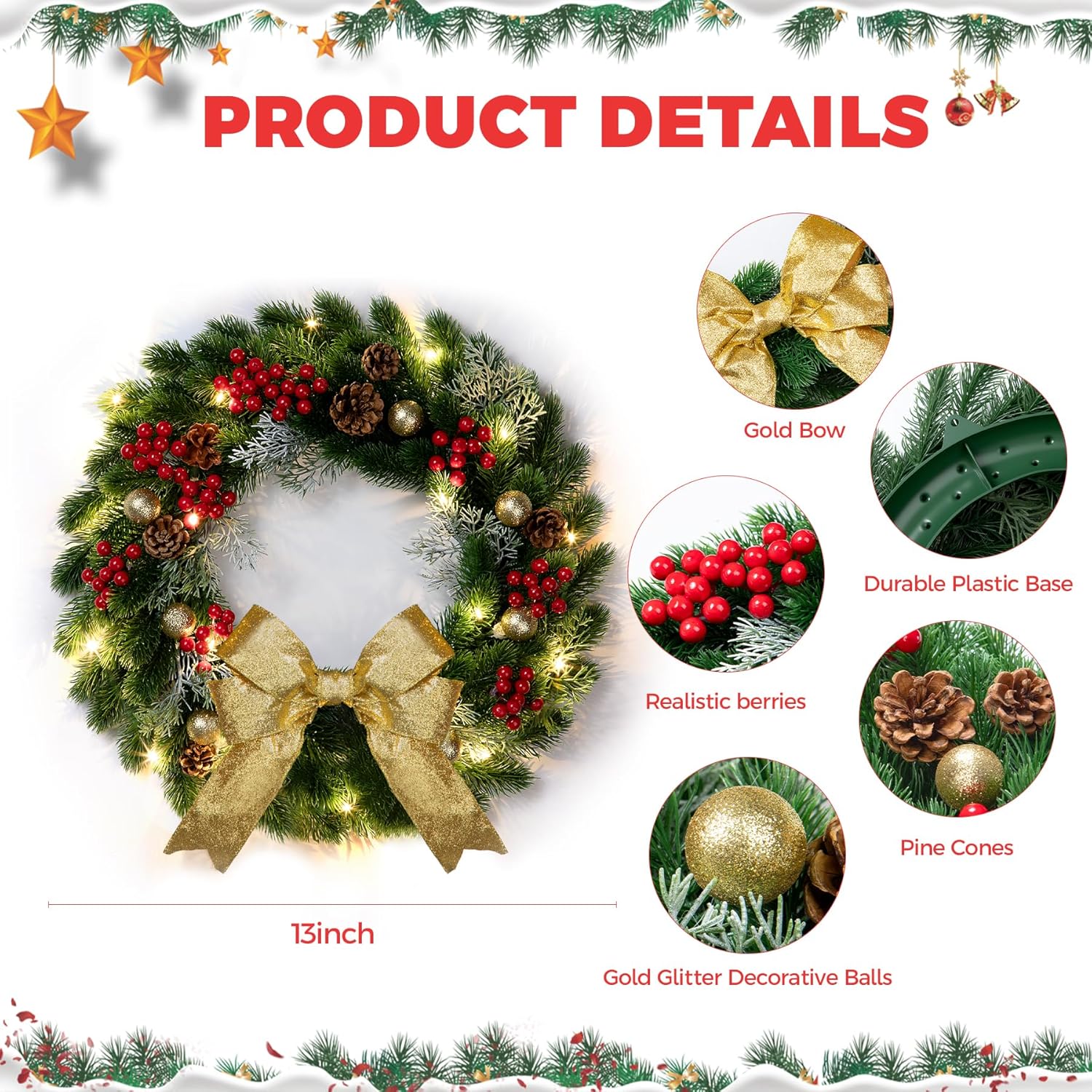 Christmas Wreath for Front Door with Gold Bow, 13" Christmas Wreath with Pine Cones, Red Berries & Glitter Balls, Holiday Door Wreath for Indoor Outdoor Xmas Decor - Image 4