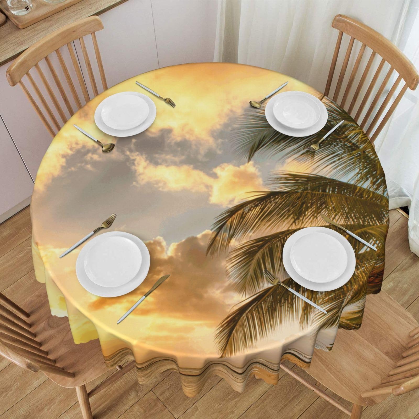 DCEHGEW 60 In Round Tablecloth with Lace, Sunset Hawaiian Palm Tree Printed Oilproof & Washable Fabric Picnic Table Cloth Table Covers