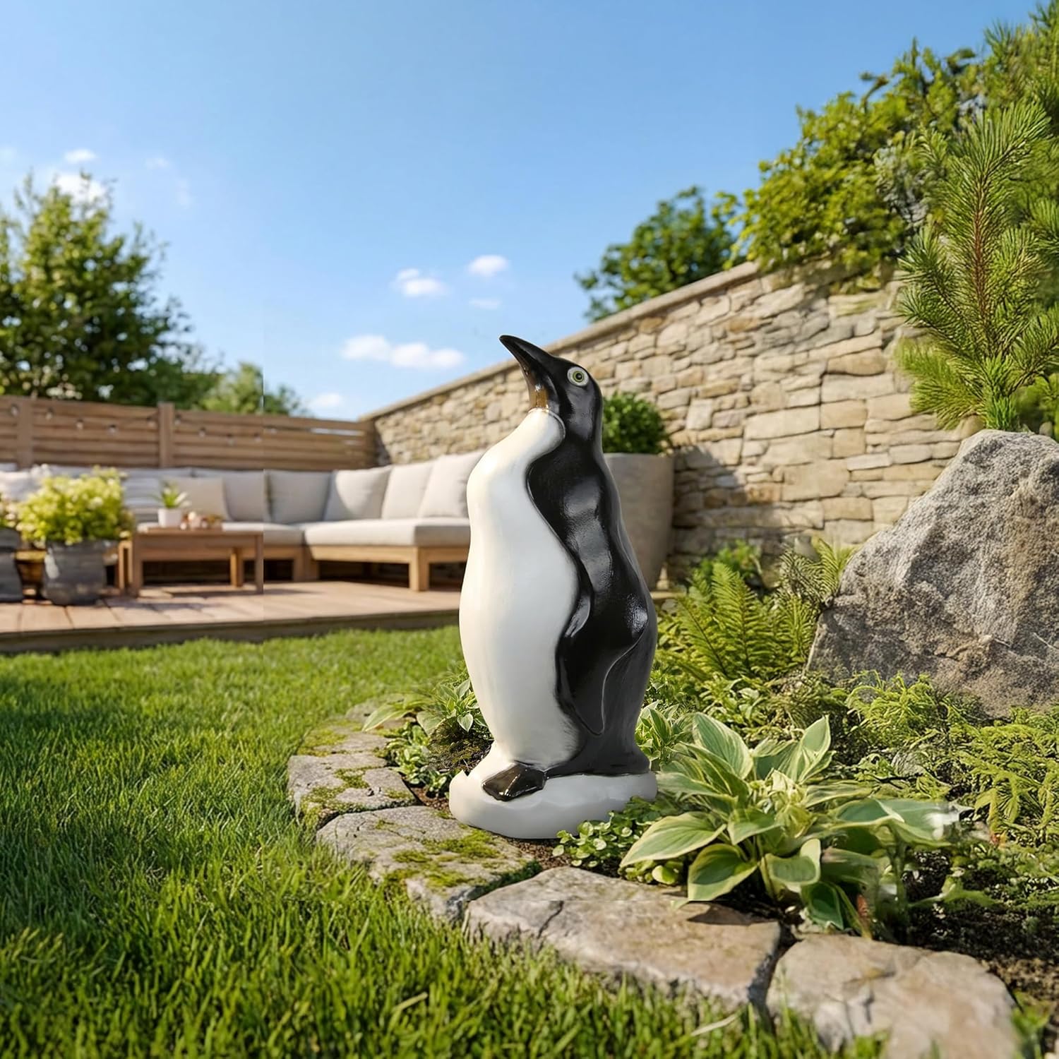Union Products Outdoor Penguin Lawn and Garden Statue, 23" Tall Animal Figurine for Patio, Balcony, or Front Porch, White with Black Painted Accents