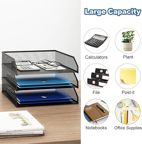 Miniatura 5 de Natwind Bandeja de papel apilable de 3 niveles, organizador de escritorio de malla metálica, organizador de escritorio A4, bandejas apilables,
