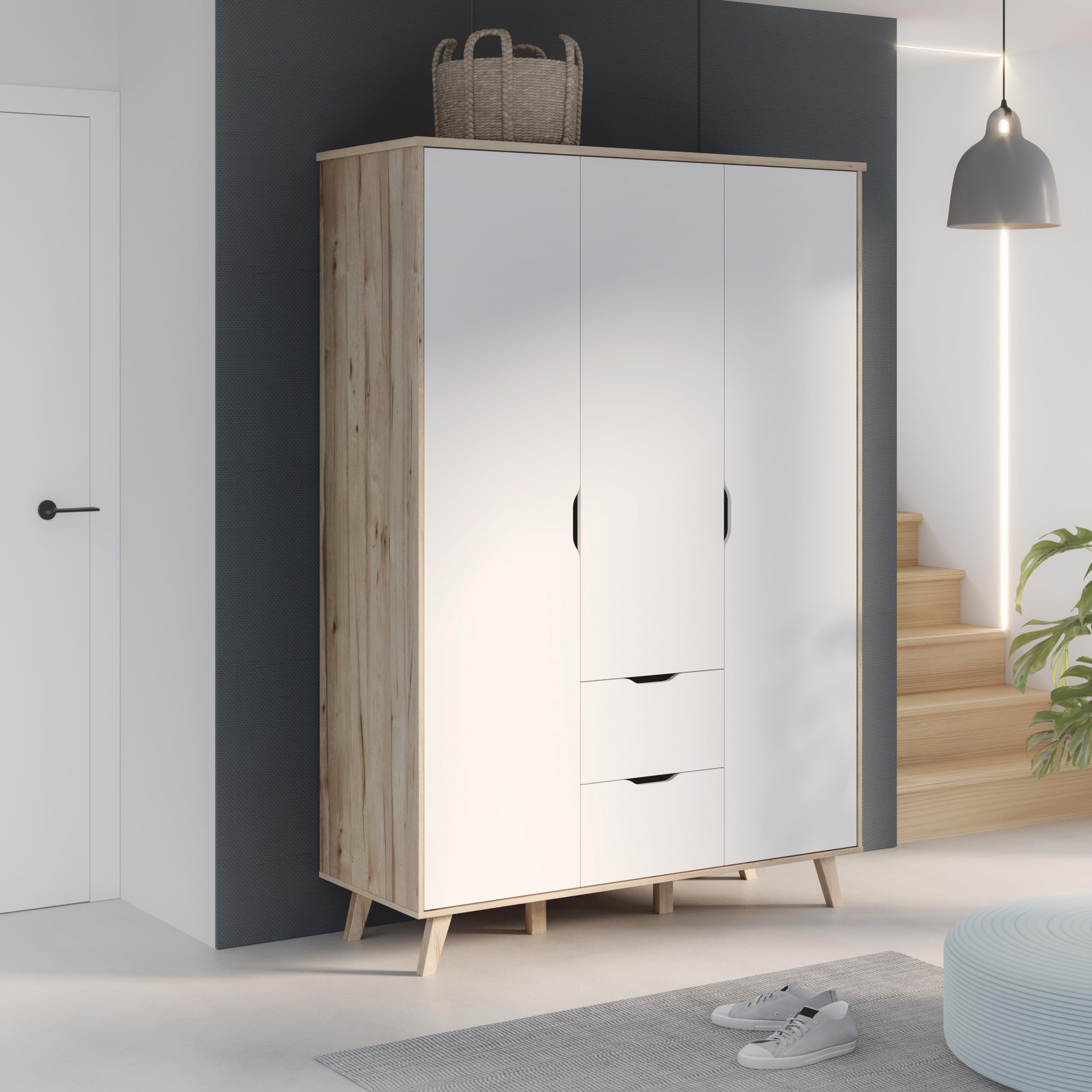 FORTE VANKKA Schrank 140, Kleiderschrank 2 Schubladen, Drehtürenschrank Skandinavisch, Schlafzimmerschrank Kinderzimmerschrank 3-türig Planked Eiche/Weiß, 139 cm breit x 201.5 cm hoch x 53 cm tief