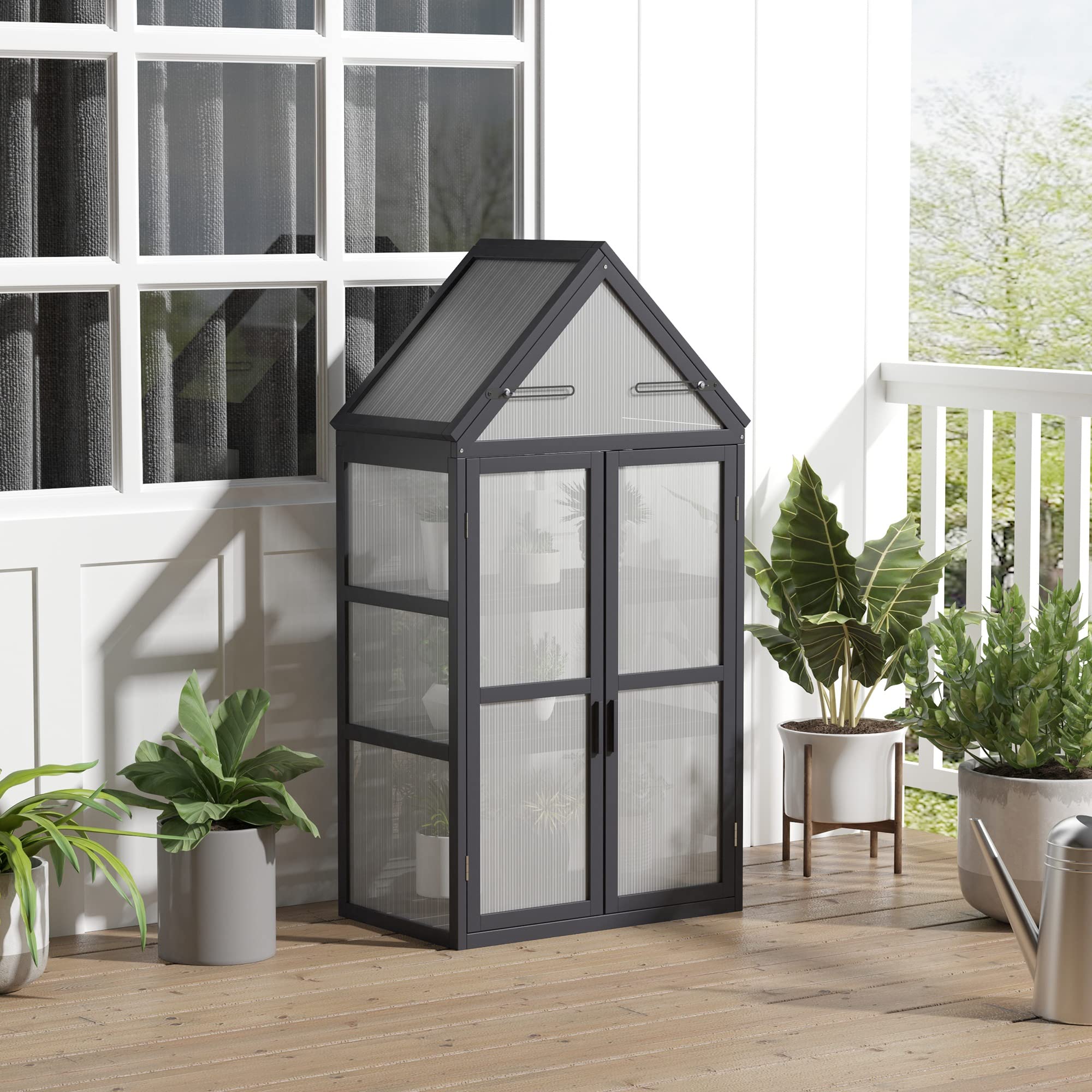 Outsunny Frühbeet Pflanzenbeet mit 3 Ebenen, aufklappbarem Dach wetterfest Mini Gewächshaus mit Doppeltüren Treibhaus aus Holz Polycarbonat Natur 70,5 x 42 x 132 cm