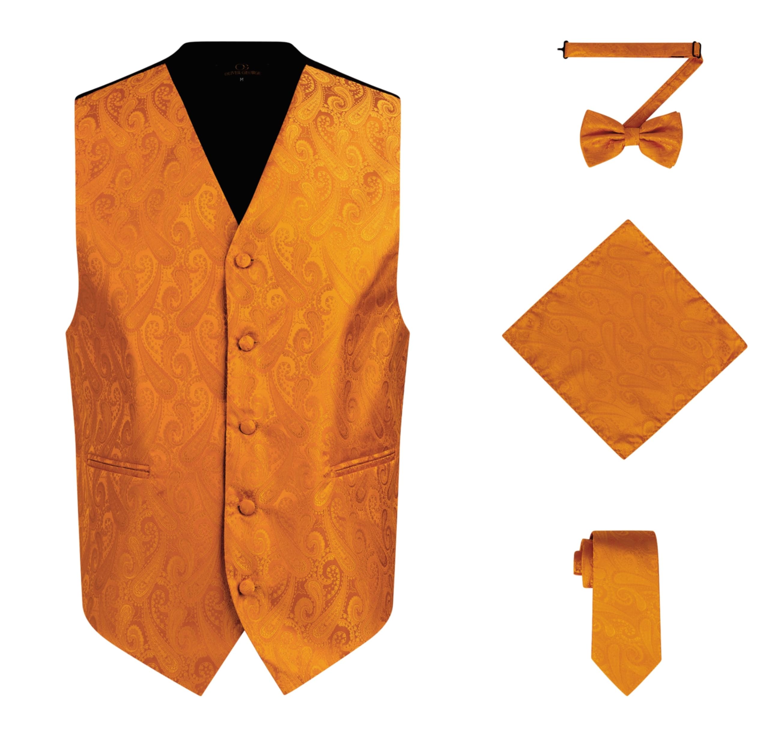 Oliver George Men's 4pc Paisley Formal Suit Waistcoat Tuxedo Dress Vest Necktie Bowtie Handkerchief Set for Suit or Tuxedo, Orange, Large