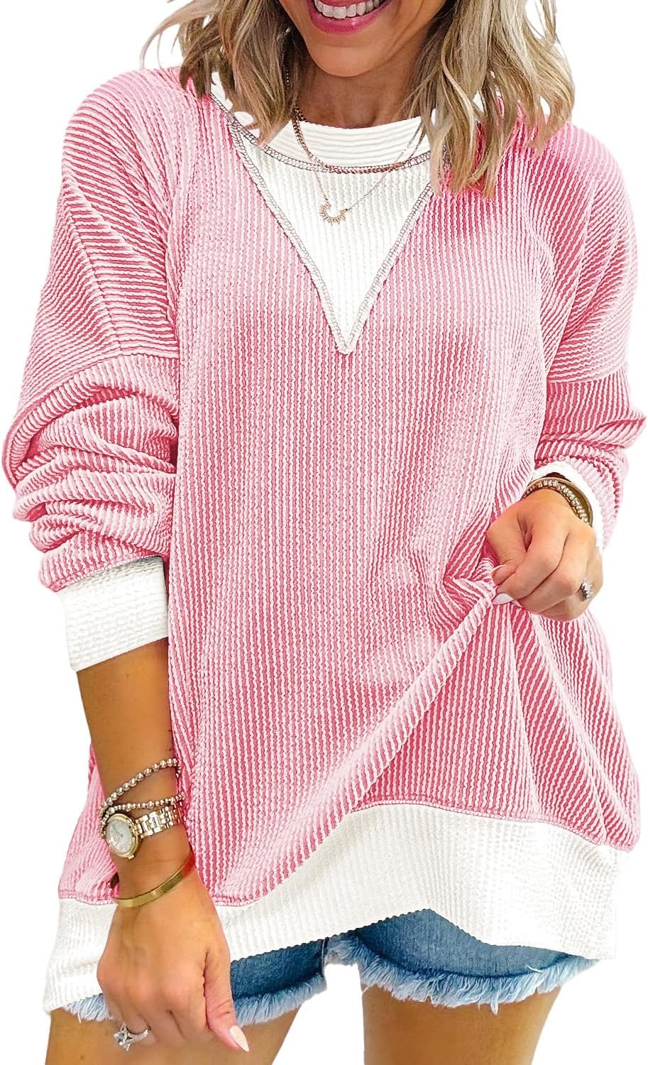 BLENCOT Long Sleeve Shirts for Women Crewneck Knitted Color Block Casual Top - Image 5