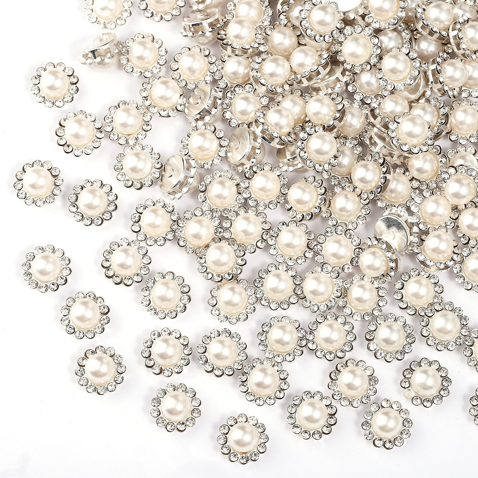 200 Pcs 12MM Sew on Rhinestones White Crystal Glass Metal Base Flower Shape，Flatback Pearls for Crafting，Sewing Accessories for Wedding Clothes and