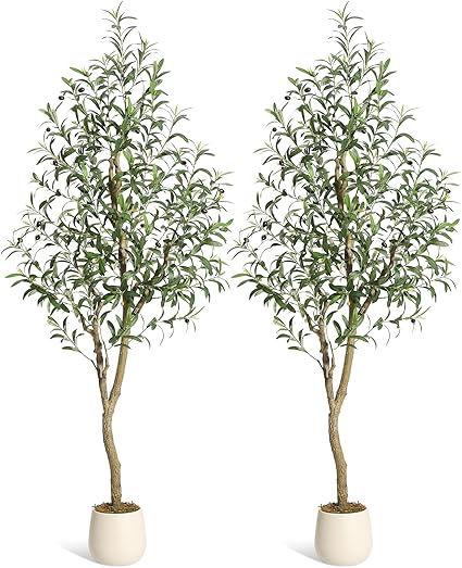 Olive Trees Artificial Indoor, 6ft Tall Faux Silk Plant - Fake Potted Tree with White Planter, Artificial Plants with Natural Wood Trunk and Lifelike Fruits for Home Office Decor, 2 Pack