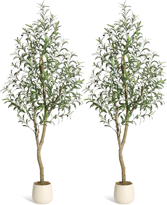 Olive Trees Artificial Indoor, 6ft Tall Faux Silk Plant - Fake Potted Tree with White Planter, Artificial Plants with Natural Wood Trunk and Lifelike Fruits for Home Office Decor, 2 Pack