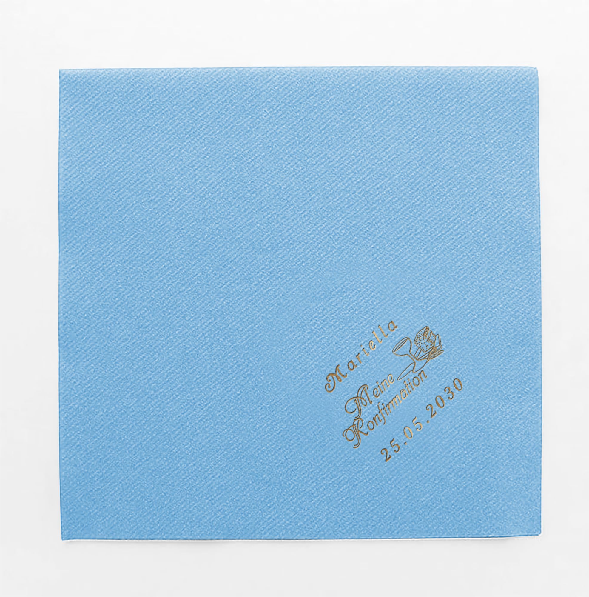 VIPdeko Servietten Mit Goldprägedruck Gold/Silber, 40x40 cm Airlaid 1/4 Falz, Personalisierbar Motiv, Name + Datum, Edle Serviette für Kommunion, Konfirmation oder Taufe (50, Hellblau)