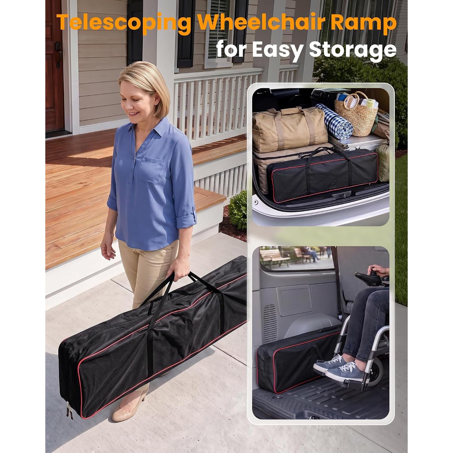 2X Rampas para Silla de Ruedas 90-150cm, Carga máx. 272 kg, Regulable, de Aluminio, Antideslizante, Portátil, Ligero, para Escalones,rampa portátil con Bolsillos de Tela