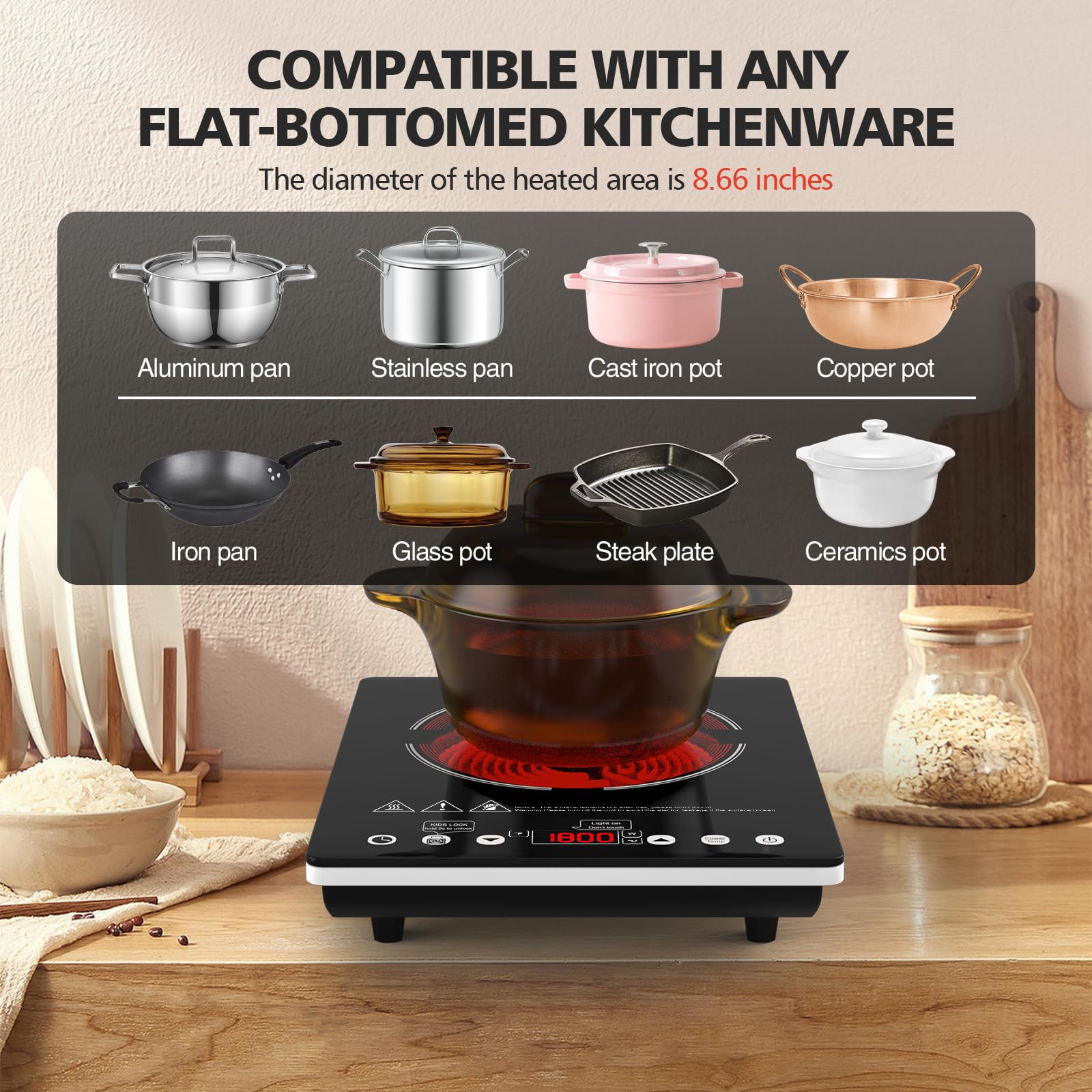 Placa Vitrocerámica Portátil 2000W, Hornillo Eléctrico de 1 Fuego Compatible con Todas las Ollas - Placa de Cocina con Temporizador y Seguridad, para Autocaravana, Camping y Estudio