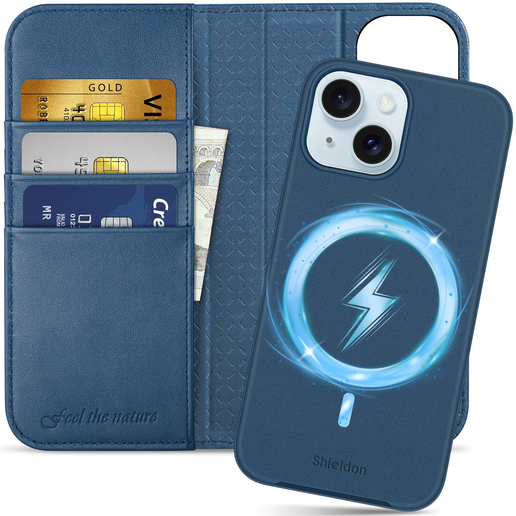SHIELDON Wallet Case for iPhone 15, Genuine Leather Wireless Charging Removable Folio Case Kickstand RFID Blocking Card Slot Magnetic Shockproof Cover