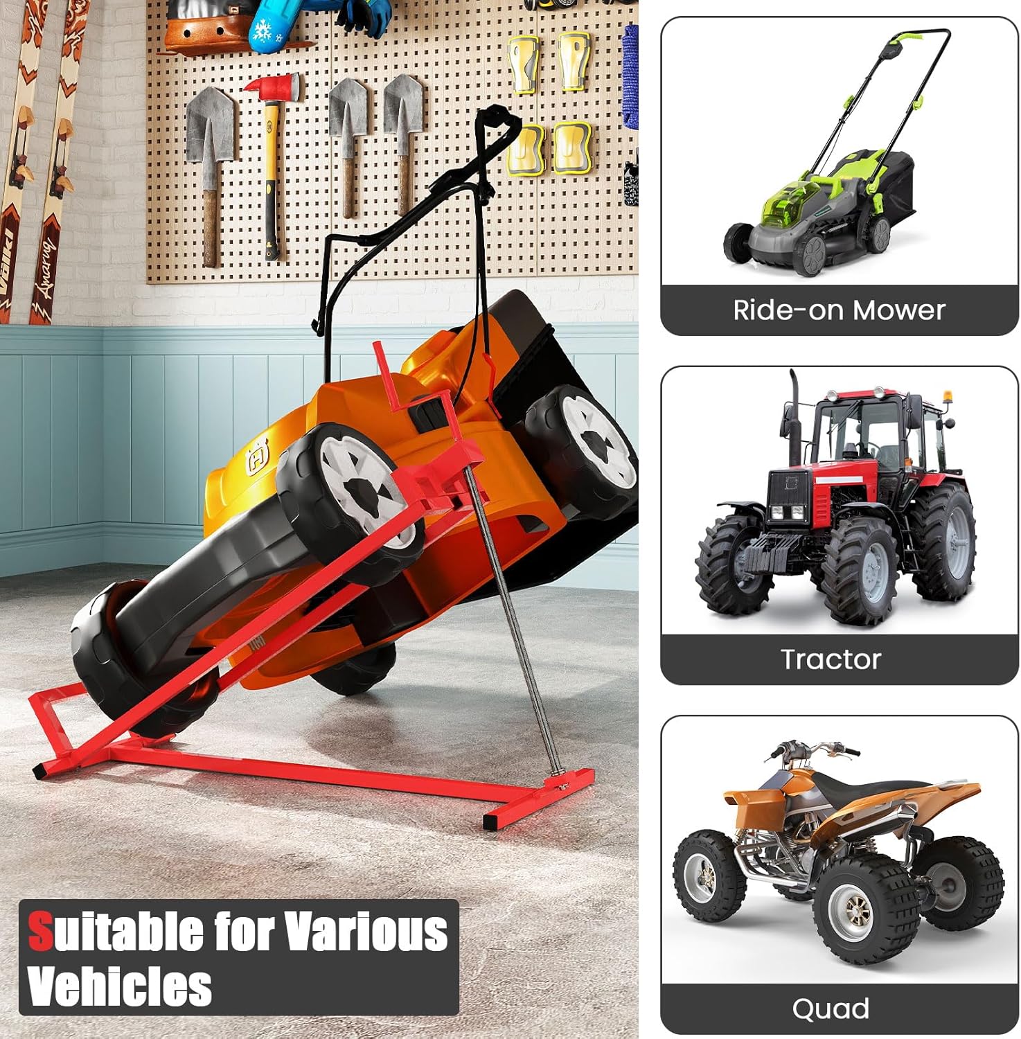 IRONMAX Riding Lawn Mower Lift, Folding Lawn Tractor Lift with Manual Handle, Adjustable Height & Angle, Telescopic Maintenance Jack, Heavy Duty Steel Lawnmower Jack, 880 LBS Weight Capacity (Red)