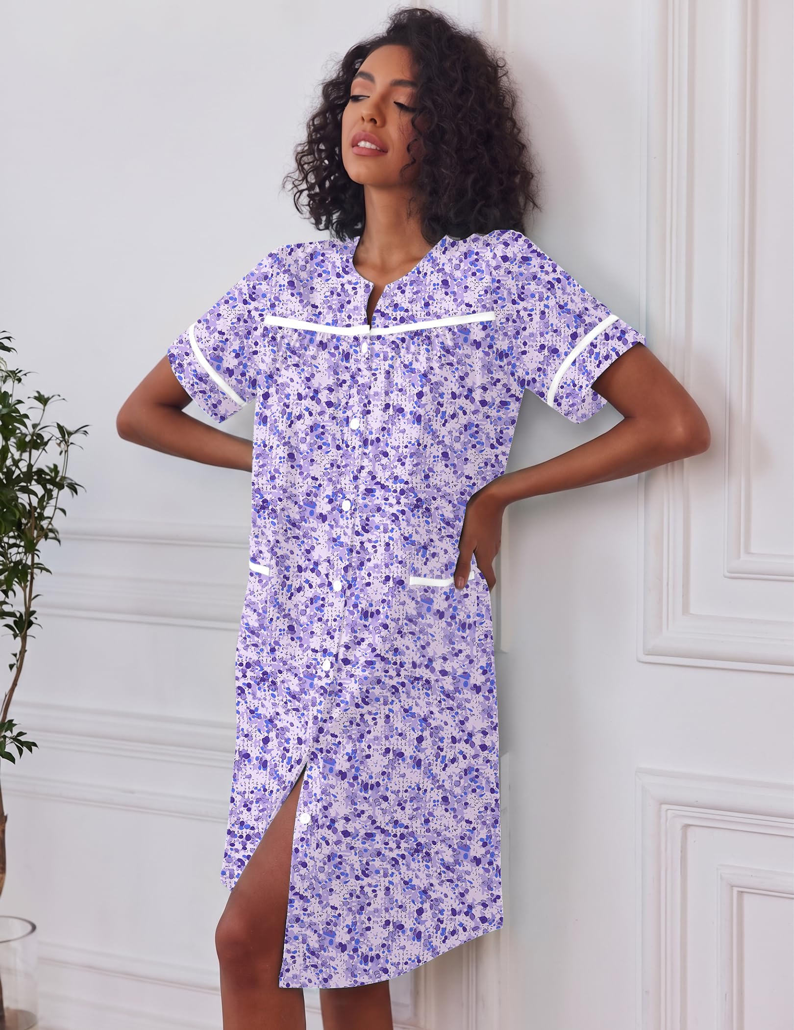Ekouaer Camisones para mujer, vestido de casa con bolsillos, con botones, abrigo de casa, de manga corta, vestidos de noche, plumero, Moo Moos