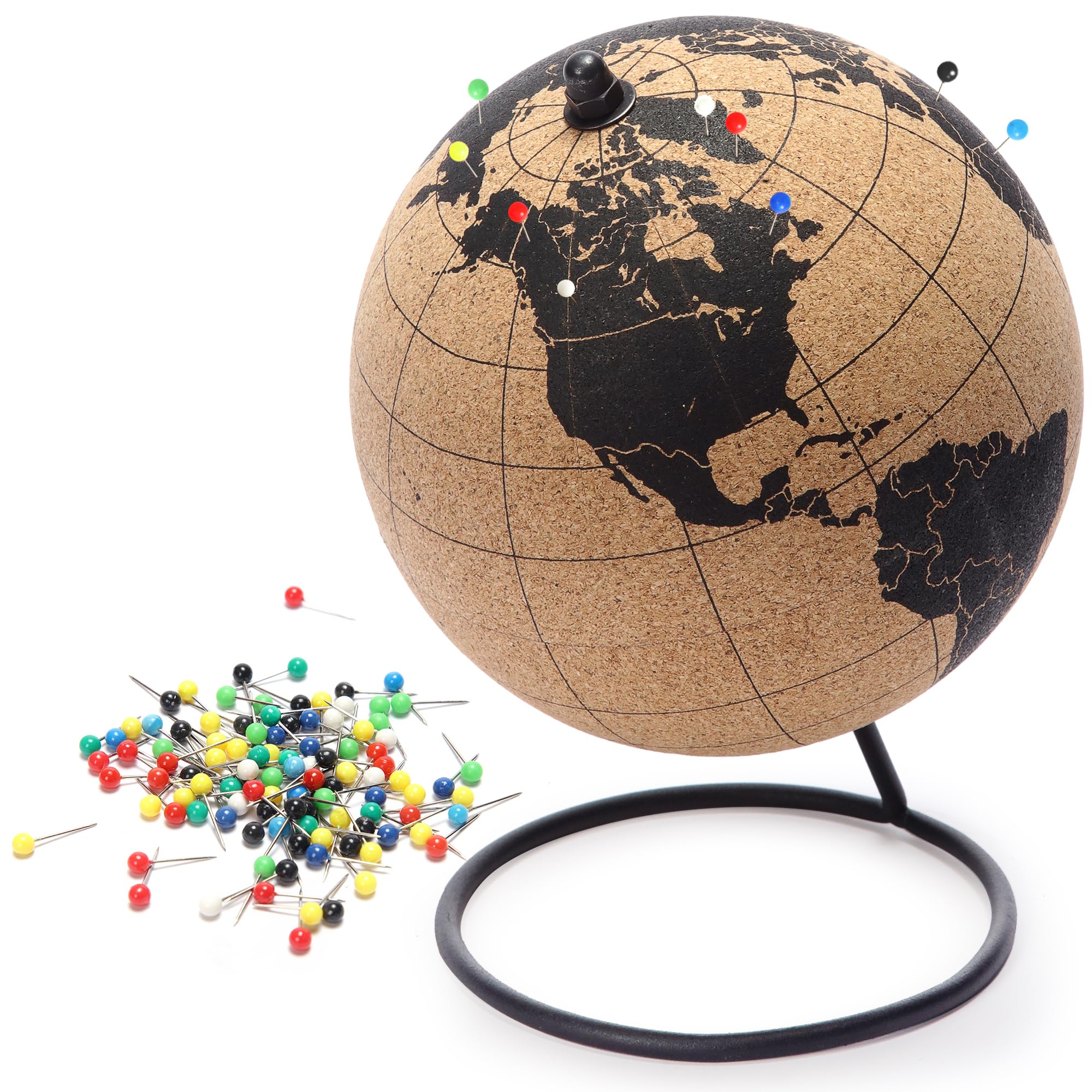 Globe Trekkers - Mini Cork Globe with 50 Different Colored Push Pins & Durable Stainless Steel Base | Great for Mapping Travels & Educational Purposes | Does Not Have Plastic Strip Like Most