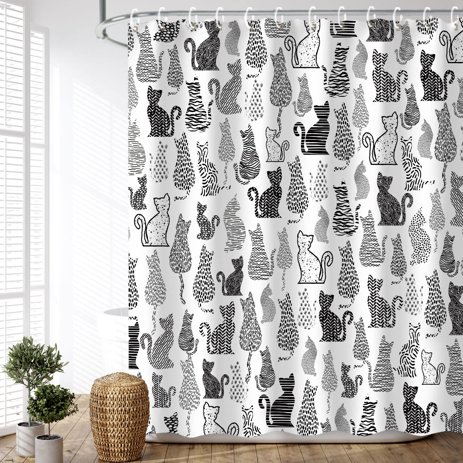 LIVILAN Cat Shower Curtain for Bathroom Cute Shower Curtain with 12 Hooks Kitten Animal Decorative Black and White Fabric Bath Curtain Gift for Cat