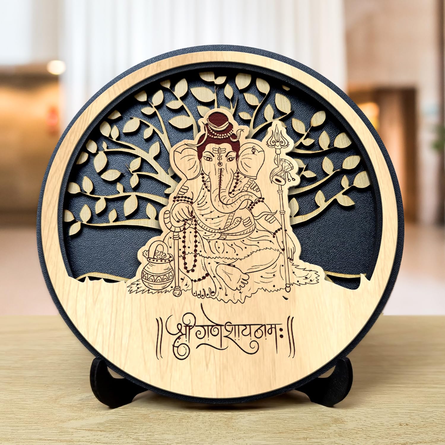 VPRINT QUALITY Ganesh Idol for Car Dashboard (Wooden Engraved/Size 14.5 x 14.5 cm) Ganpati Bappa Murti Home Decor Gift Items Showpiece for Home, Living Room, Pooja Room, Mandir, Office