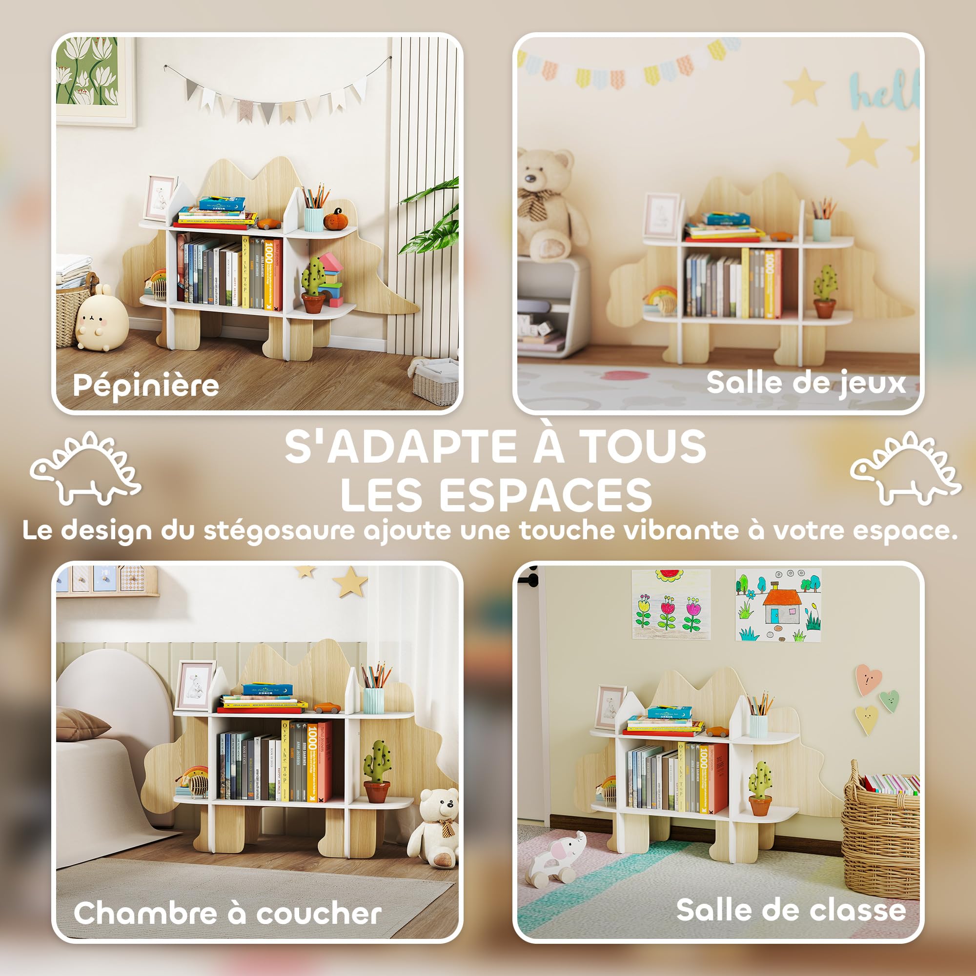 AIYAPLAY Libreria per bambini con design a dinosauro, contenitore per giocattoli e libri, con 6 scomparti, altezza 72,2 cm, per camera da letto o stanza dei giochi, legno naturale
