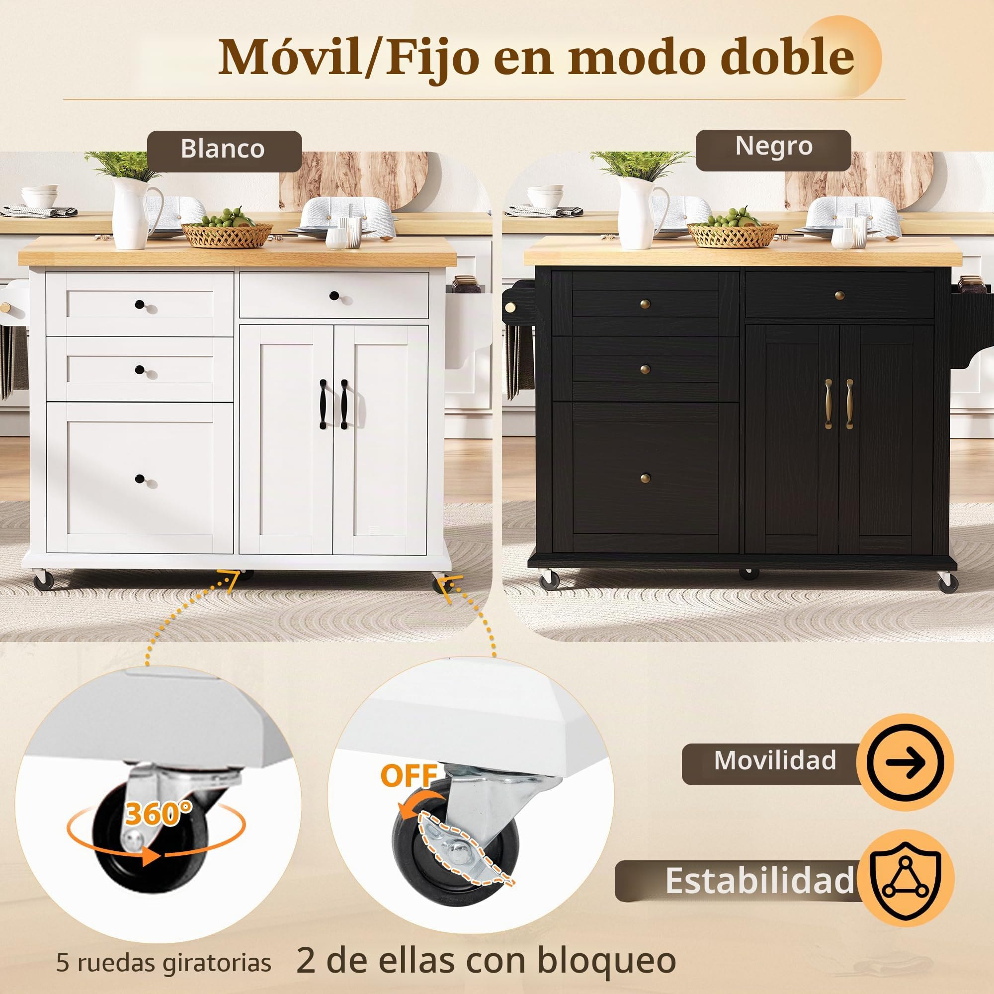 Kebnor Isla de cocina móvil con ruedas y mesa de comedor extensible, carrito de cocina con cajones multifunción, ideal para cocina y comedor (blanco)